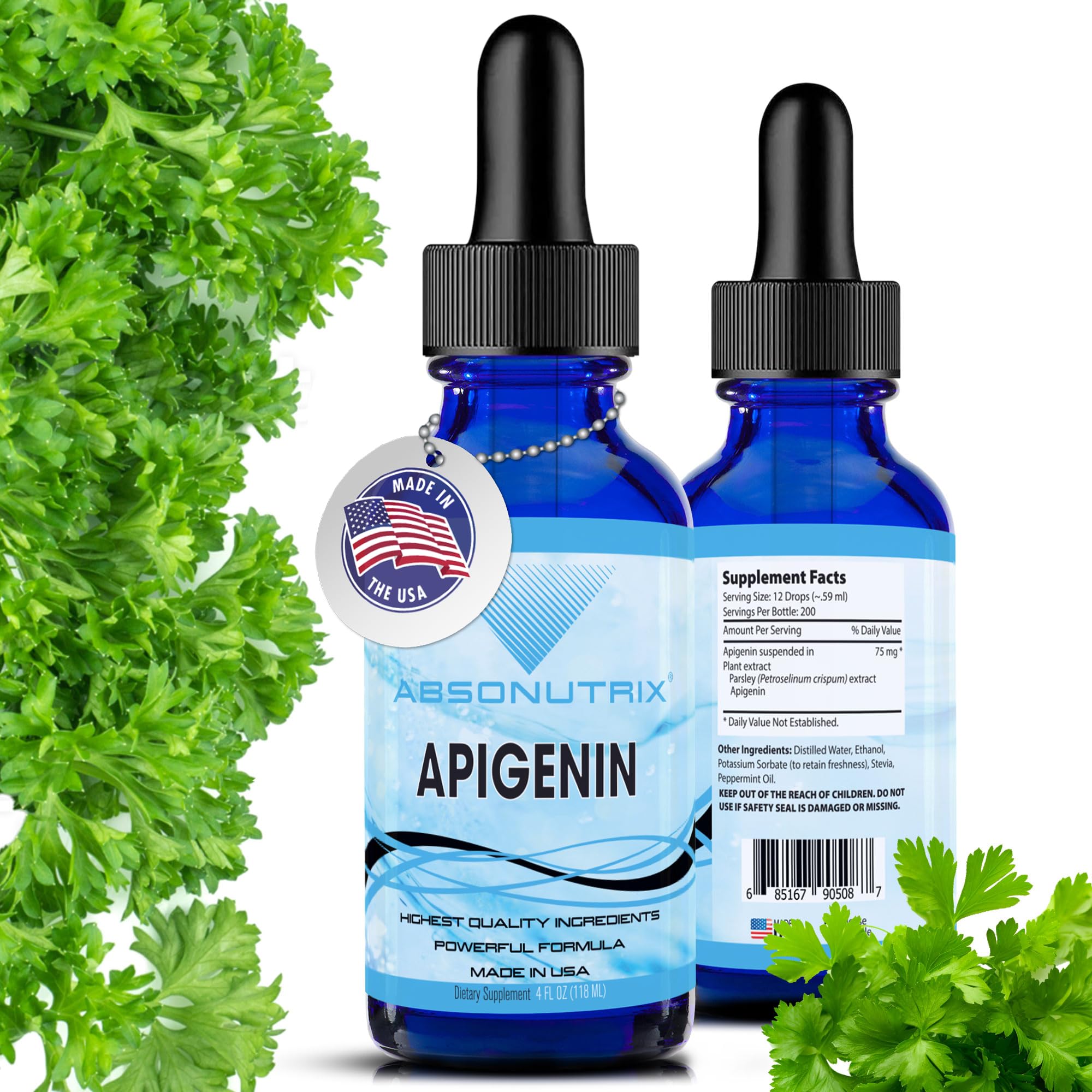 Absonutrix Apigenin 75 mg per Serving, 4 Fl Oz Bottle, 200 Potent Servings, Made in USA, Quick Absorption, Quality Potent Ingredients, Non-GMO, GMP Certified Facility, Cruelty-Free Products