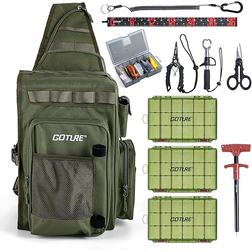 Goture OpenSide Fishing Sling Tackle Storage Bag with 3 Tackle Boxes and Fishing Tools, Lightweight Fishing Backpack Storage for Fishing Gear - Green Bag for Fishing, Gift for Men