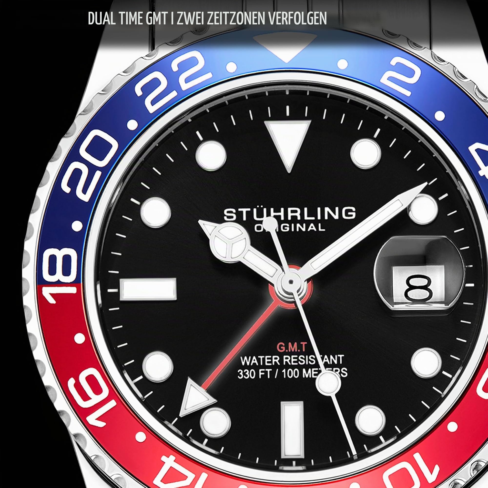 Stuhrling Original Herren-Armbanduhr mit Edelstahl-Jubilee-Armband und GMT-Funktion – 42 mm Quarz-Analog-Armbanduhr für Herren, Quarzuhr, Edelstahlgehäuse, Freizeituhr, wasserdichte Uhr