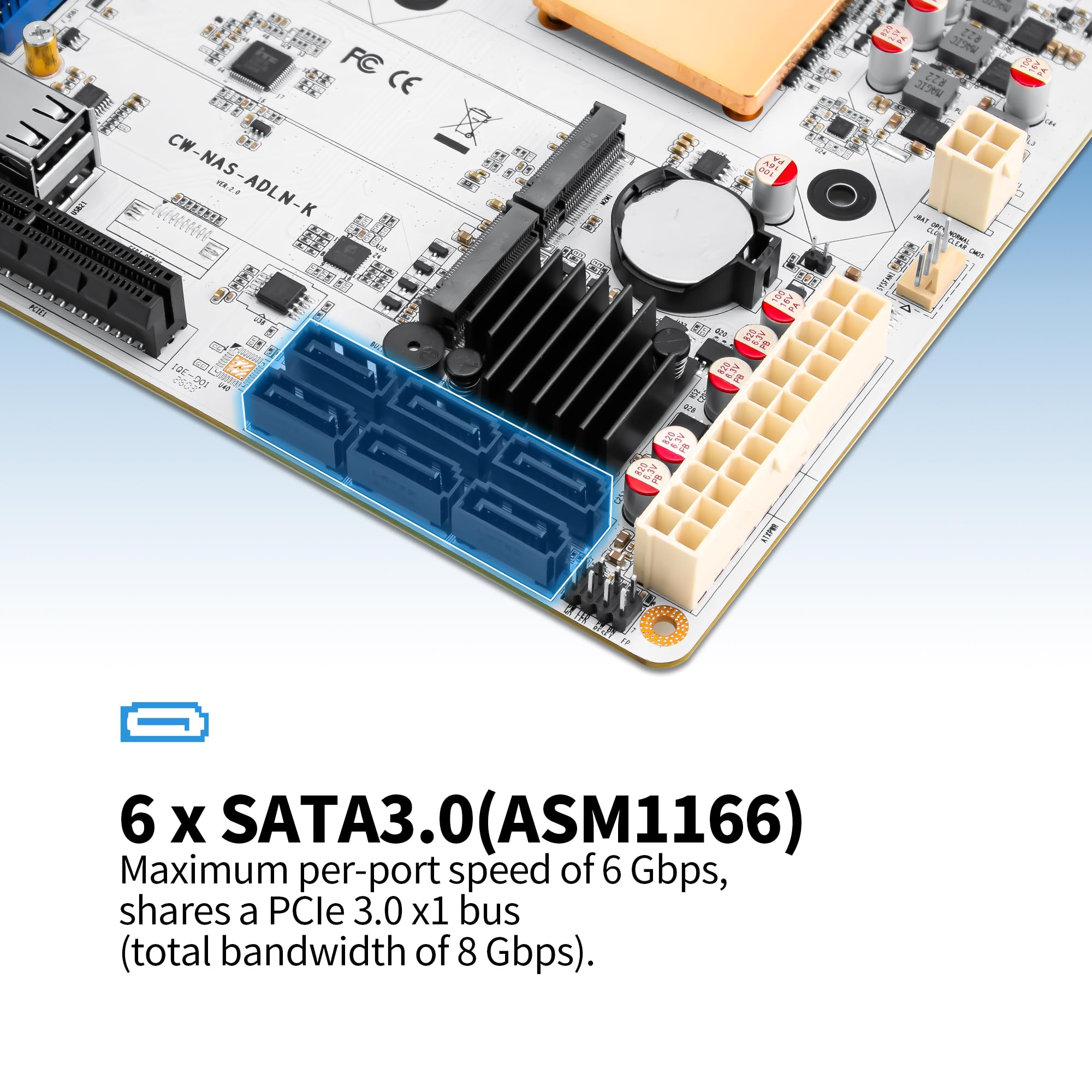 CWWK N150 Mini ITX NAS Placa Base, 6-Bay, Blanco, PCIe 3.0 x4 Slot, 2X NVMe | M2 Motherboard 4C/4T, 2x 2.5GbE i226-V LAN, TF, HD2.0, DP1.4, 6x SATA3, para Virtualización, NAS, Firewall, Home Lab
