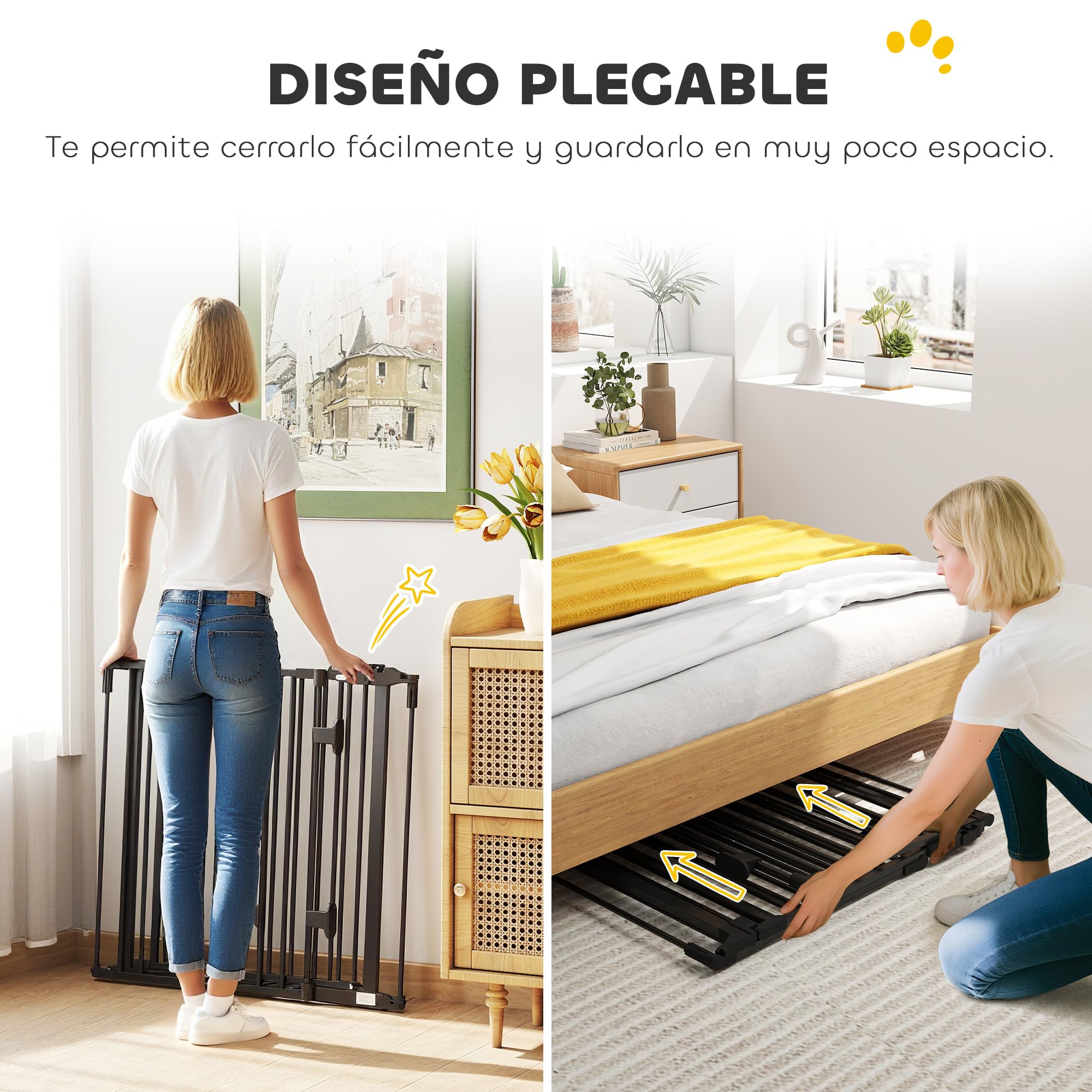 PawHut Barrera de Seguridad para Perros 202,5 cm Valla para Perros Plegable Rejilla de Protección de Chimenea con Puerta Auto Cierre para Escalera Pasillo Negro