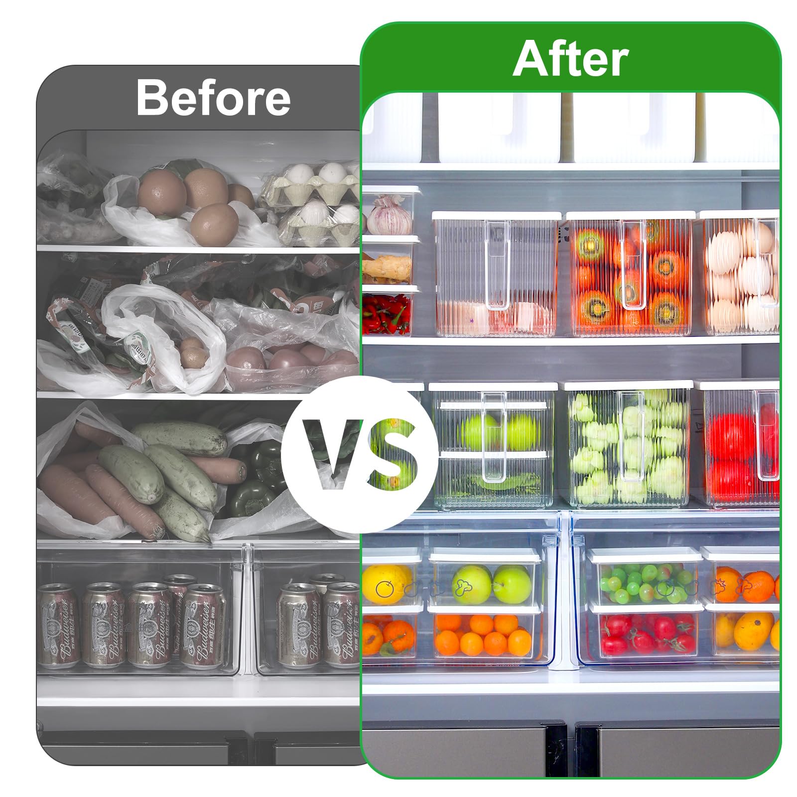 Bokelai Paquete de 5 organizadores de refrigerador, recipientes transparentes para almacenamiento de alimentos con tapas y asa, contenedores apilables para refrigerador, contenedores organizadores