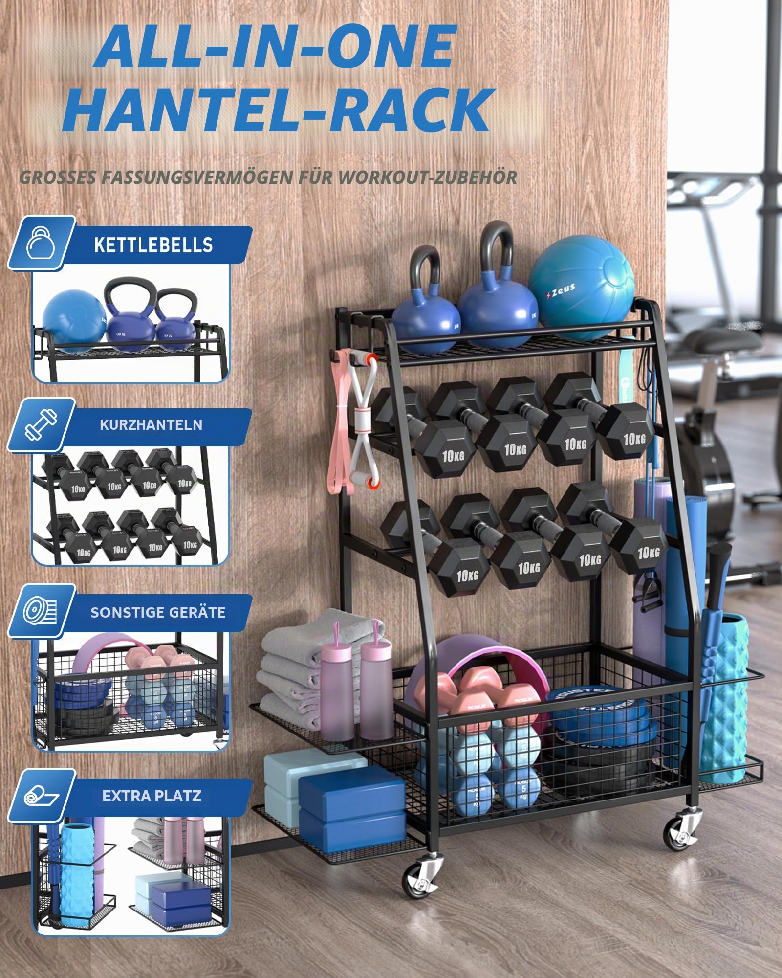 Hantelständer - Erweiterter Heimtrainingslagerständer - Hantelständer mit 4 flexiblen Rädern und einzigartiger Lagerung auf beiden Seiten