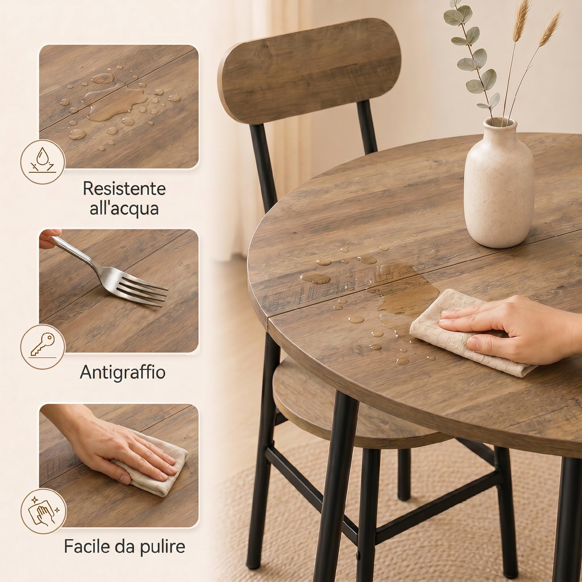 HOMCOM Set Tavolo e Sedie Sala da Pranzo 5 Pezzi, Set da Pranzo per 4 Persone Industriale con Tavolo Cucina Rotondo Effetto Legno e 4 Sedie Salvaspazio, Gambe Metallo, per Soggiorno Cucina Color Legno