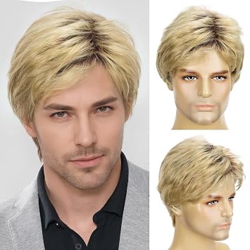 Mens Blonde mix Wig Short Straight for Man