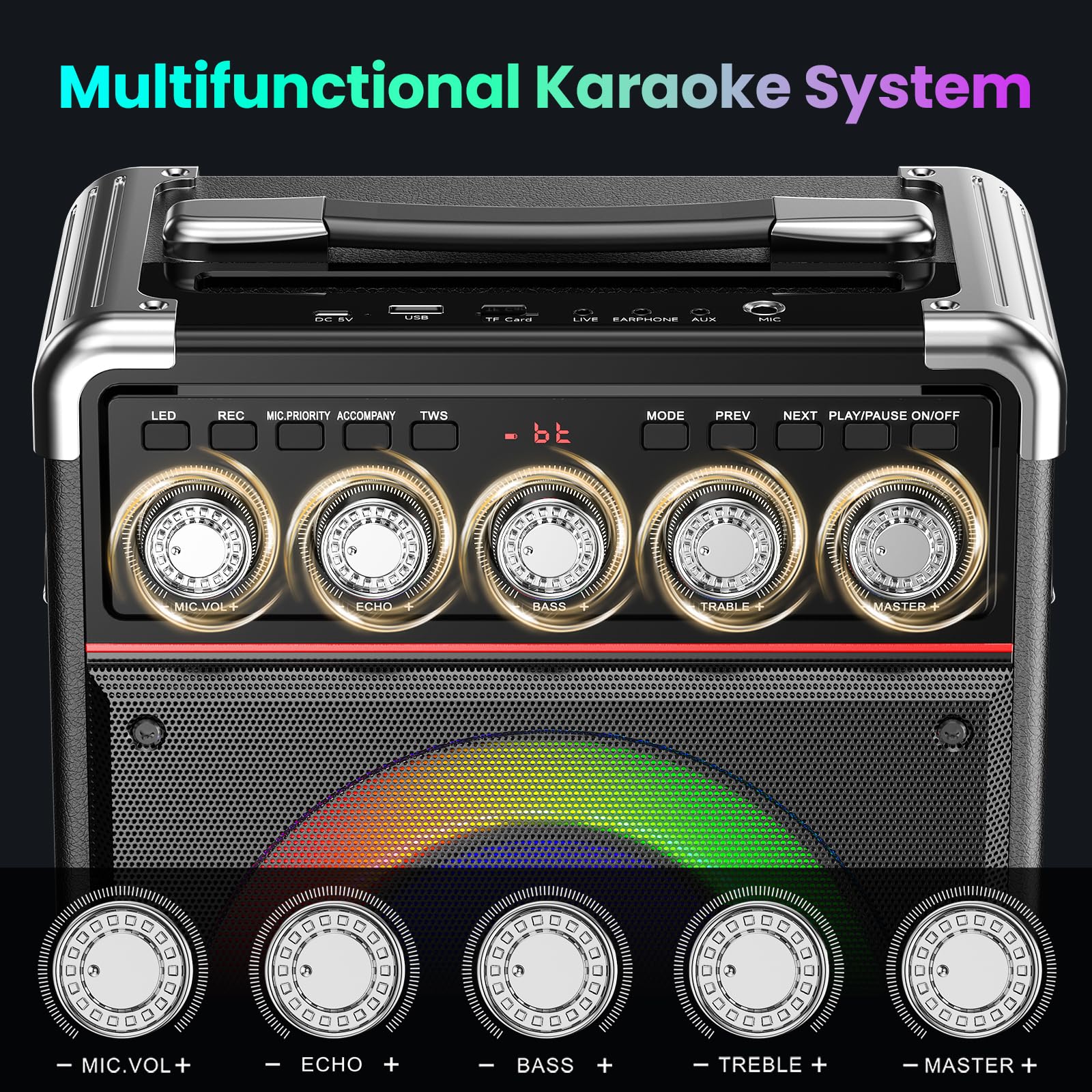 JYX Karaoke Maschine mit 2 kabellosen Mikrofonen, tragbare Karaoke Box Bluetooth 5.3 für Erwachsene & Kinder, 100W RMS PA Lautsprecher mit 6,5" Bass, LED-Licht, Echo/Bass/Höhen-Regler, TWS, USB/AUX/TF