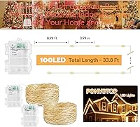 Vista 5 de Guirnalda de luces de hadas con temporizador de 33 pies, 2 unidades, 100 luces LED, funciona con pilas, para exteriores, impermeable, para bodas