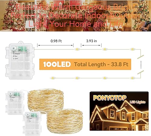 Miniatura 5 de Guirnalda de luces de hadas con temporizador de 33 pies, 2 unidades, 100 luces LED, funciona con pilas, para exteriores, impermeable, para bodas,