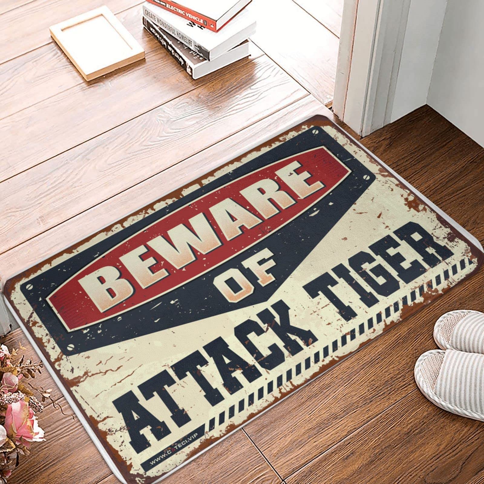 Zerbino per dormitorio con scritta "Beware of Attack Tigre", zerbino autunnale per interni ed ingresso (65 x 90 cm)