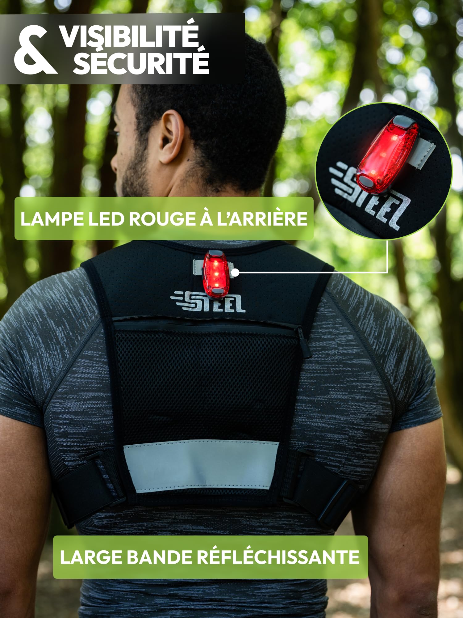 Gilet Running d'hydratation Réfléchissant LED Recheargeable, Porte-Bouteille d'eau, Ajustable, Gilet léger, Gourde d'hydratation de 500 ML pour randonnée, Trail