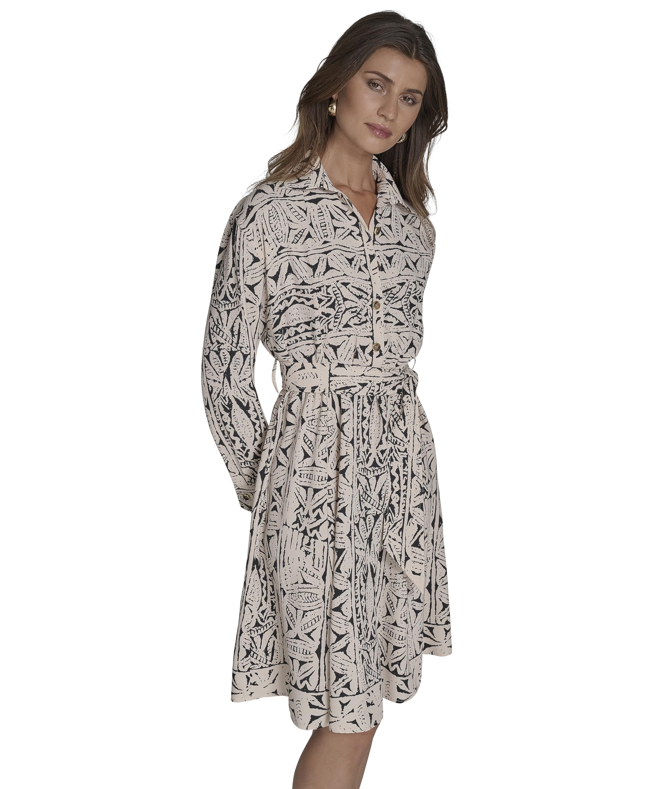 Photo 1 of HALSTON H Women's Long Sleeve Collared V-Neck Dress, Vanilla/Blk, 8