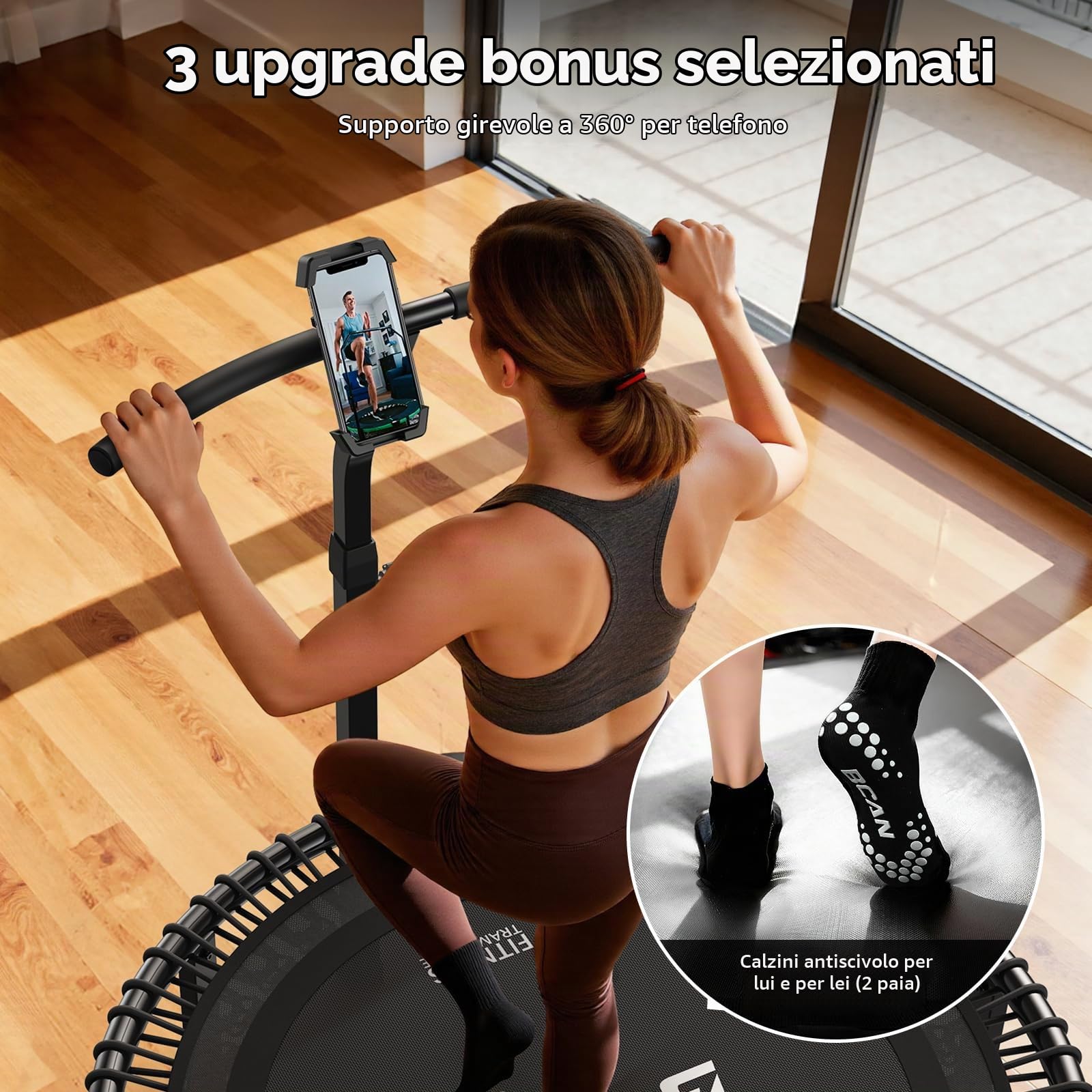 B BCAN BT4 Soft Land Pro - Trampolino elastico elastico da 96/102/122 cm, capacità 227 kg, elastico a tensione regolabile, telaio monopezzo, supporto per telefono e 2 paia di calzini