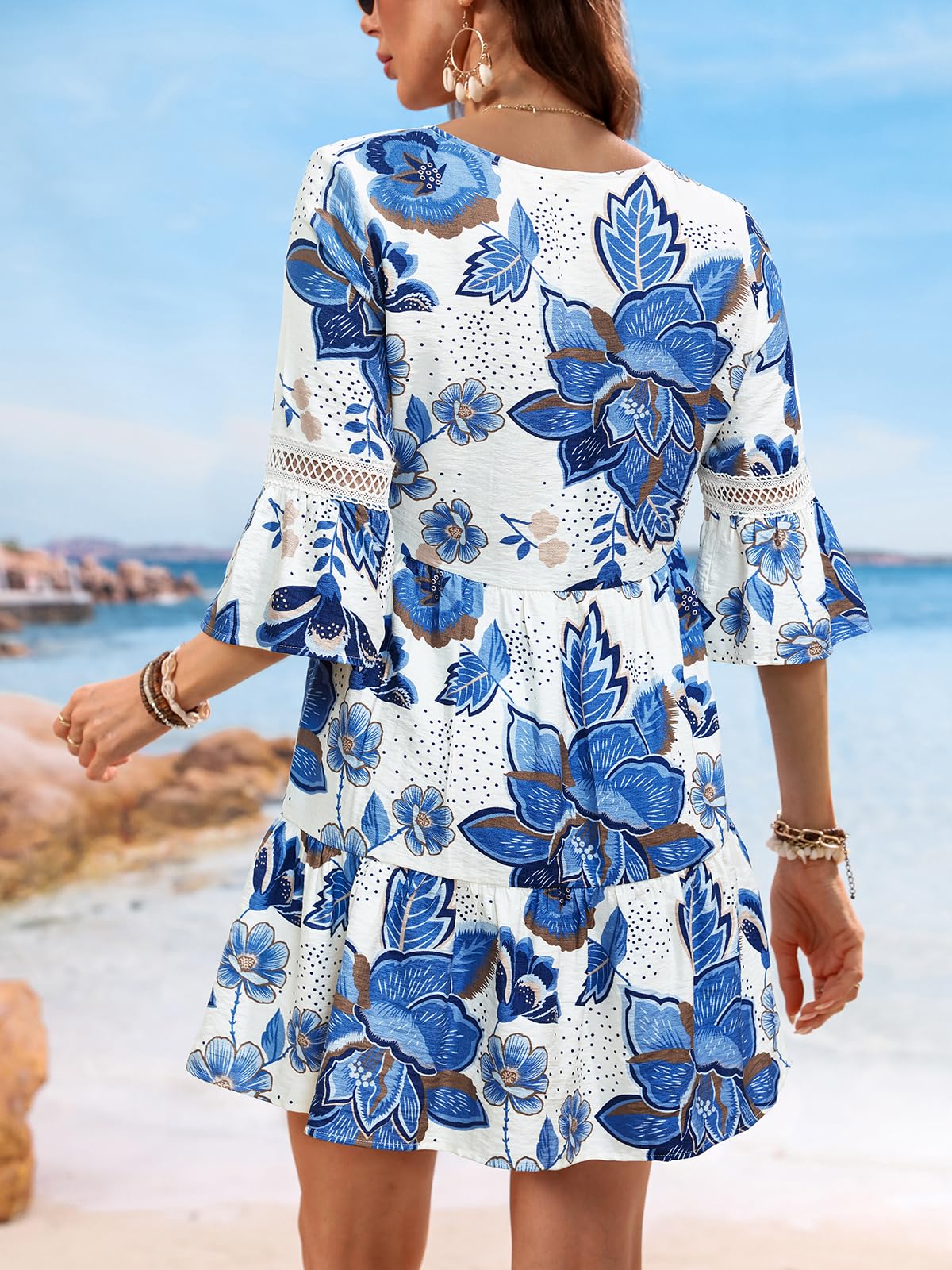 CUPSHE Mini abito estivo da donna con scollo a V e bordo in pizzo, maniche a 3/4, polsino increspato, casual, prendisole da spiaggia