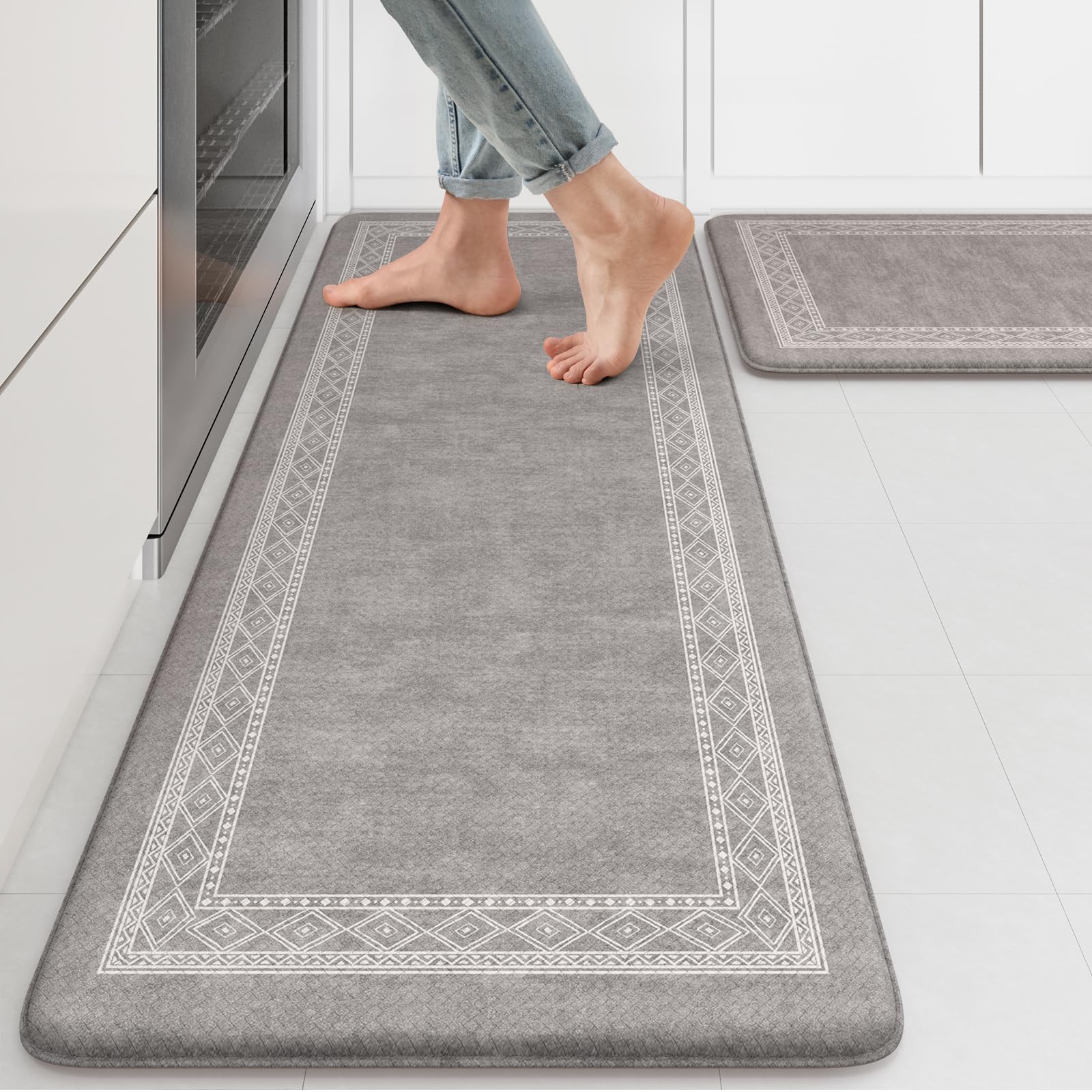 KIMODE Anti Fatigue Kitchen Mat for Floor, Farmhouse Kitchen Rugs Sets of 2, Non-Slip Kitchen Floor Mat,Cushioned Standing Mat for Sink, Laundry, Office,Home, Desk Grey 17"x47"+17"x29"