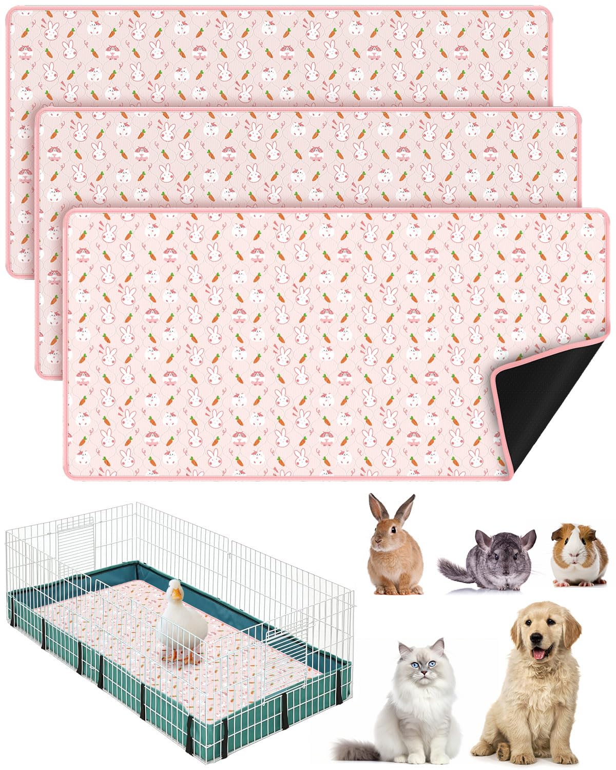 Bissap 3 Packs Guinea Pig Cage Liners, 47''X24'' Washable Guinea Pig Pee Pads Non Slip Reusable Fast and Super Absorbent Bedding for Small Animals