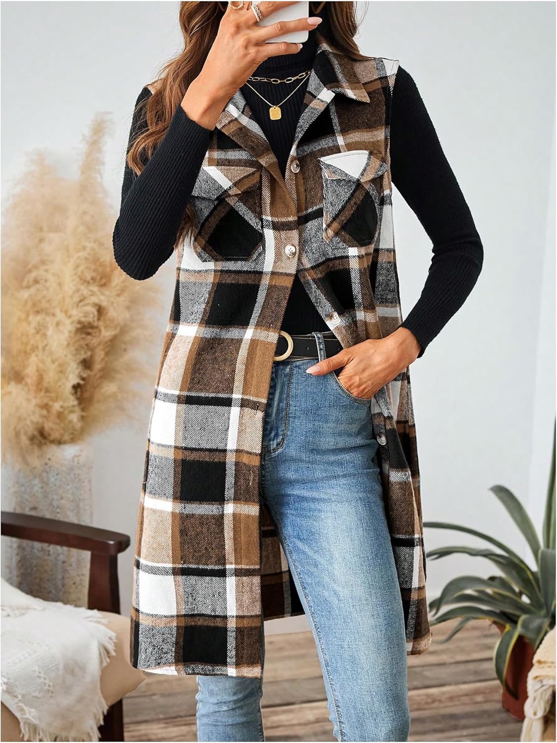 MakeMeChic Women's Plaid Print Vest Jacket Sleeveless Collar Button Down Coat Outerwear - Image 5