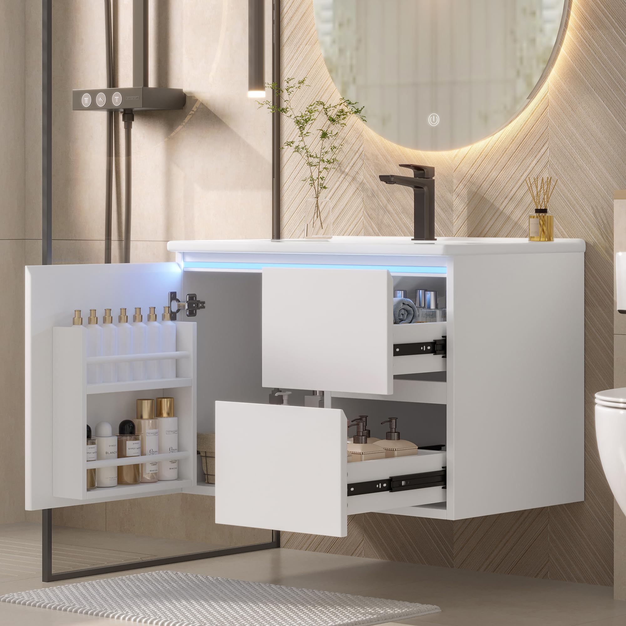 76 x 46 x 50 cm. Mueble de baño de pared, totalmente lacado, iluminación con sensor de radar LED, lavabo, dos cajones, lavabo integrado, blanco (76 x 46 x 50 cm)