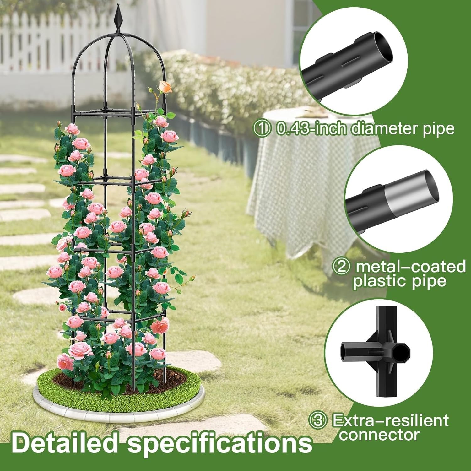 LATERN 1 Stück Garten Obelisk Spalier für Kletterpflanzen, 180CM Hoch Rostfrei Beschichtete Metall Pflanzenstütze Rankgitter Rahmen für Töpfe Pflanze Rose Tomate Gurke Blumen Traube Erbse (Schwarz)