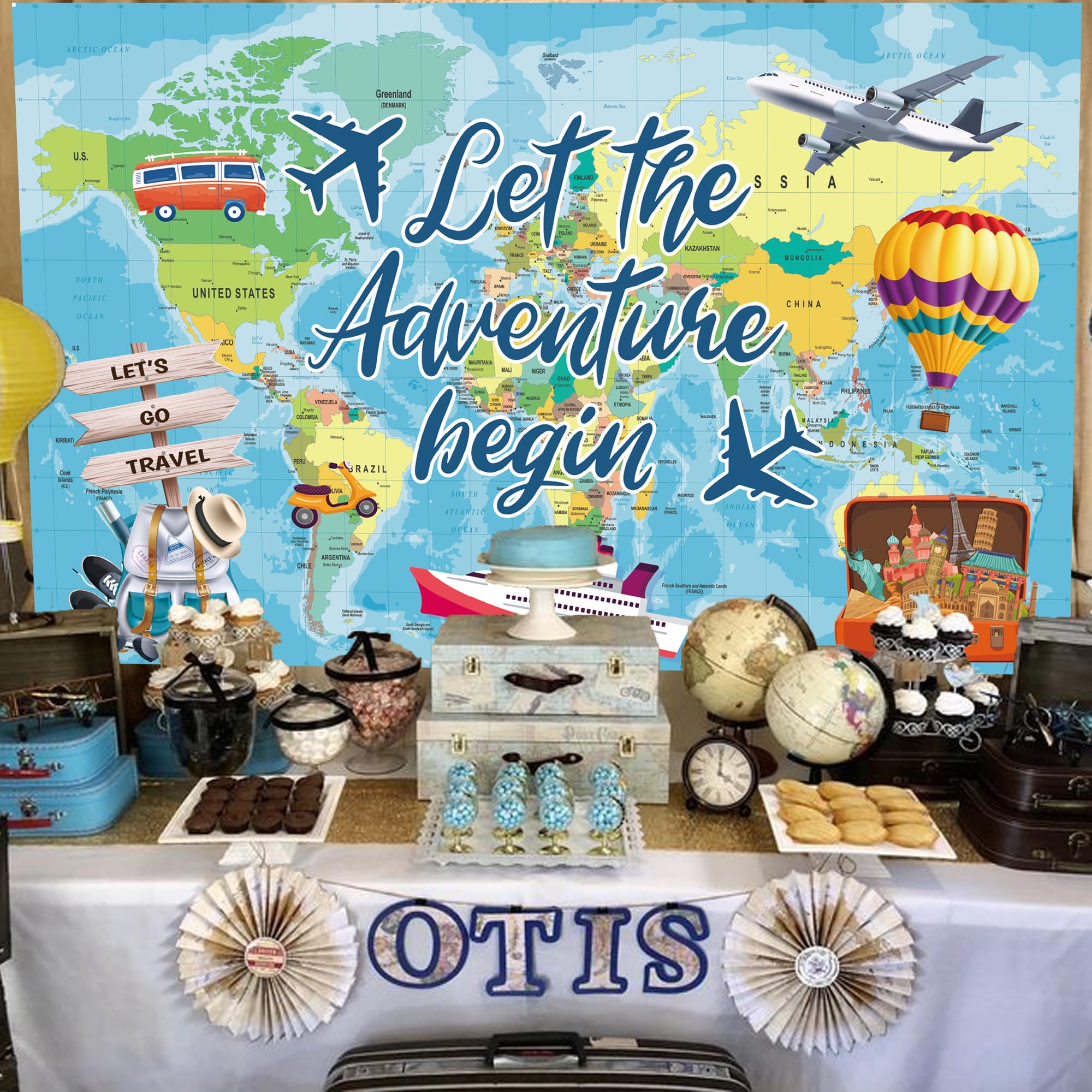 3 decorazioni per striscioni Bon Voyage Let The Adventure Begin, bandierine con mappa del mondo per andare via, addio, compleanno, baby shower, laurea, pensionamento, festa di viaggio, a tema, buona