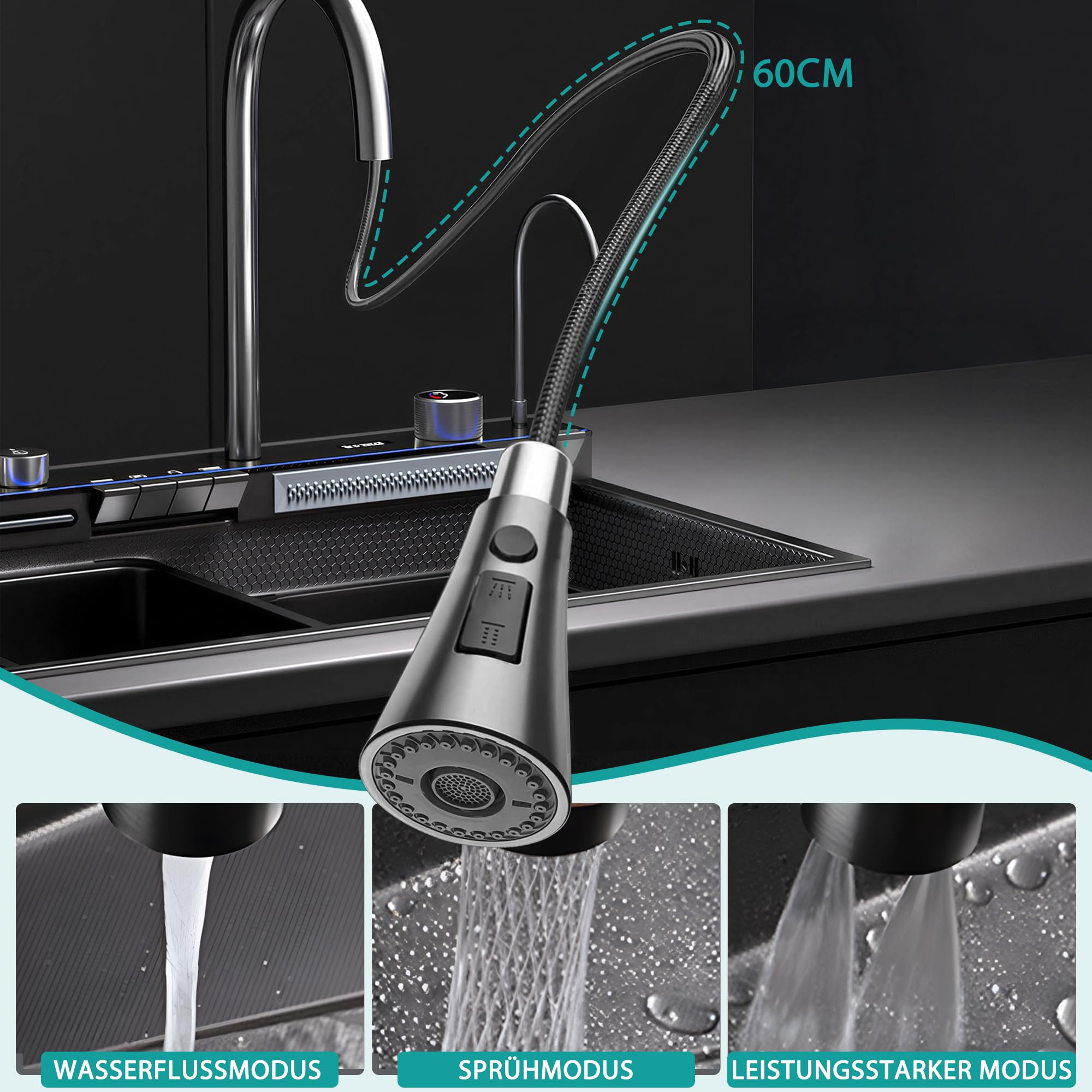 Edelstahl Spülbecken, 80 x 45 cm Küchenspüle, mit LED-Anzeige, Großvolumige Einzelwanne, Ausziehbarer Wasserfall-Wasserhahn, Überlaufvorrichtung und Ablaufgarnitur Sowie Diverses Zubehör.