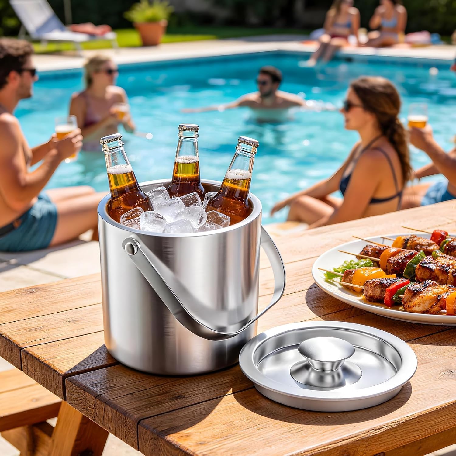 3L Eiskübel aus 304 Edelstahl mit Doppelwand, Deckel und Eiszange – ideal für Hausbars, Partys und Cocktail-Servieren (2L)