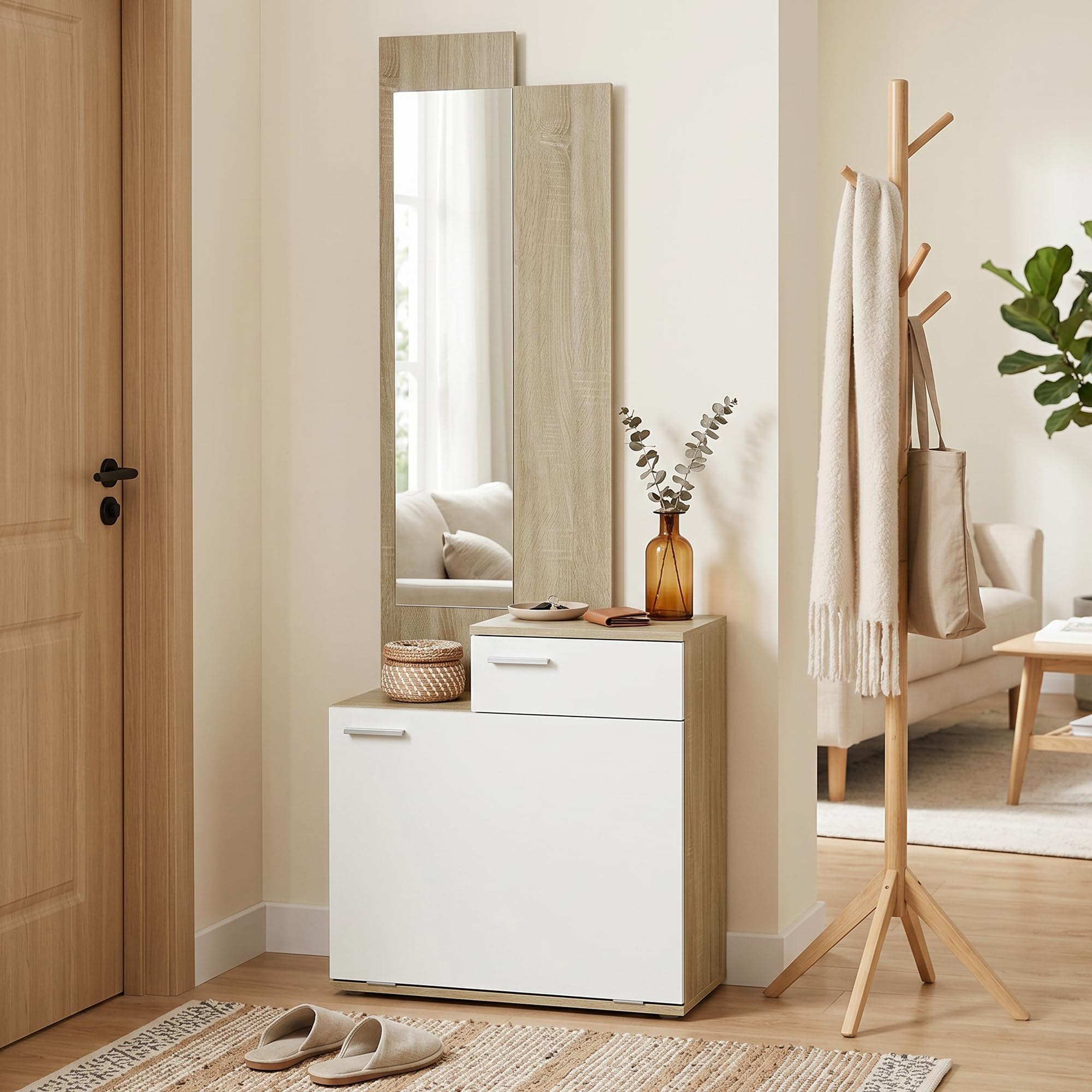 HOMCOM Recibidor de Entrada con Espejo Zapatero Abatible 61x30x170cm Blanco | Mueble Recibidor de 2 Piezas, Asiento, Cajón, Mesa Pequeña para Pasillo