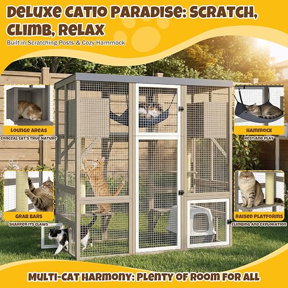 4-Tier Large Catio Cat Enclosure Weatherproof Outdoor Cat House with Cover, 7 Resting Platforms, 2 Lounge Rooms, 1 Hammock, 2 Grab Bars, Secure Feral Cat Shelter for Backyard Patio Garden