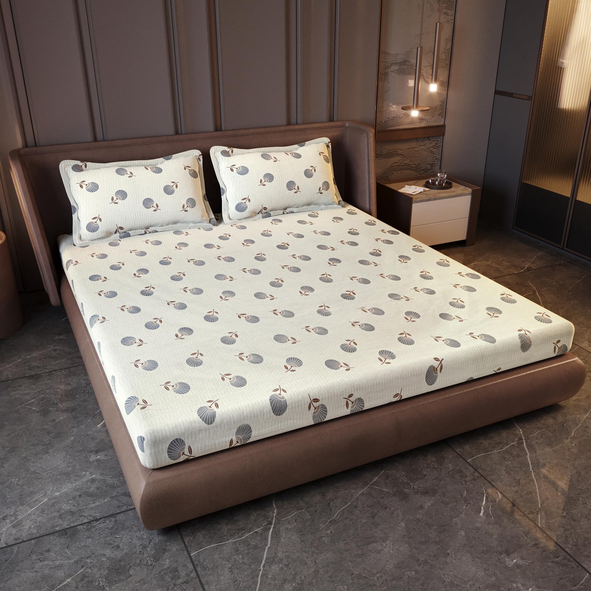 Divine Casa Cotton King Size Bedsheet | 210 TC Soft Breathable Pigment Twill Satin Bedsheet with 2 Pillow Covers | Elegant Bedding Set for Bedroom | 275 x 275 cm (Cream & Grey, Floral)
