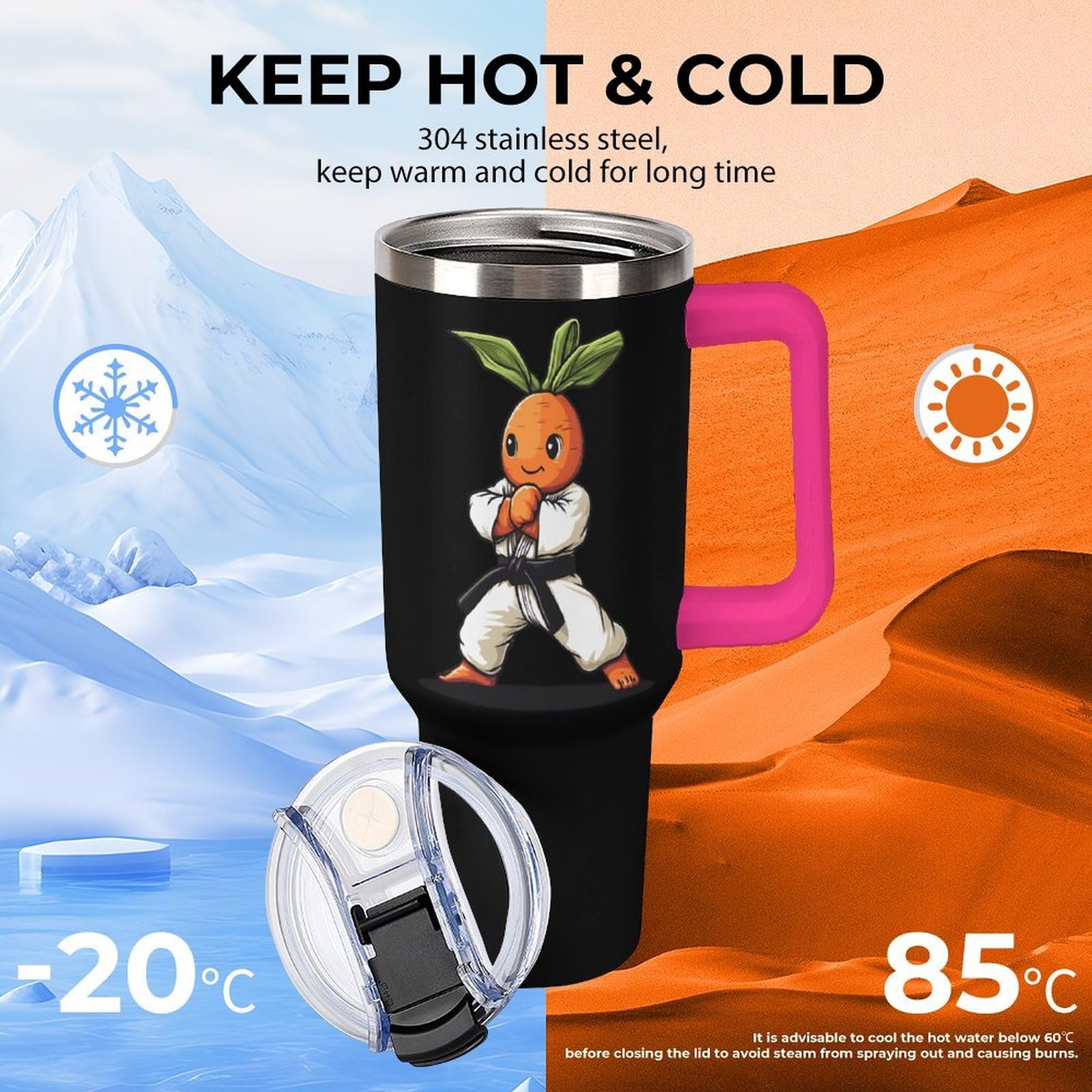 Karate Carrot Becher mit Griff, Reise-Kaffeebecher, großes Fassungsvermögen, Autobecher, Wasserflasche