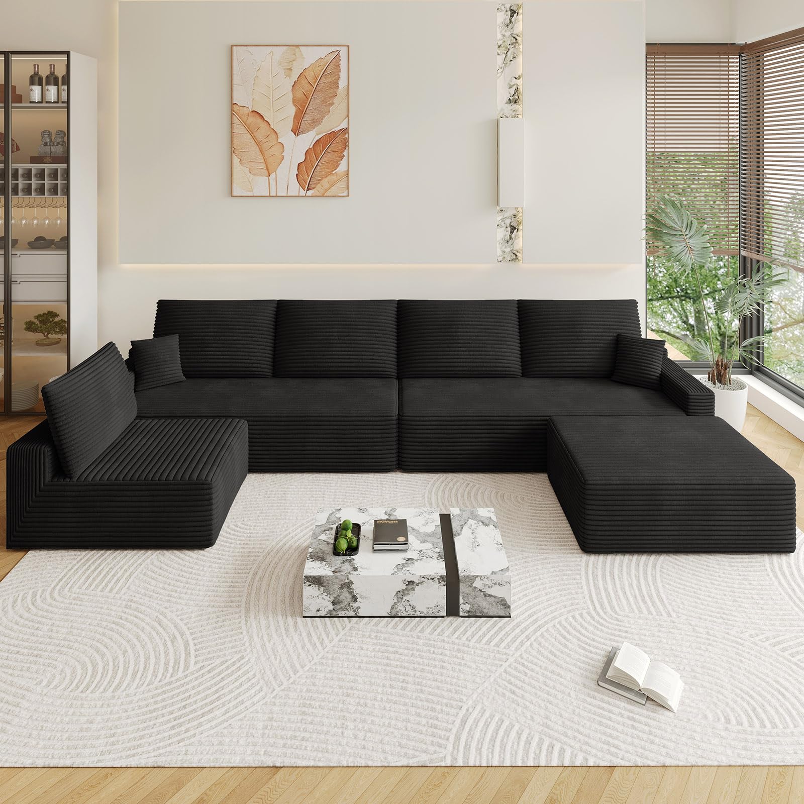 Oversized Modular Sectional Sofa Couch, Large 6 Seater Corner Sofa Modern U Shaped Sectional Couch with Ottoman Cloud Couches for Living Room, Office, Spacious Space, Corduroy, No Assembly, Black