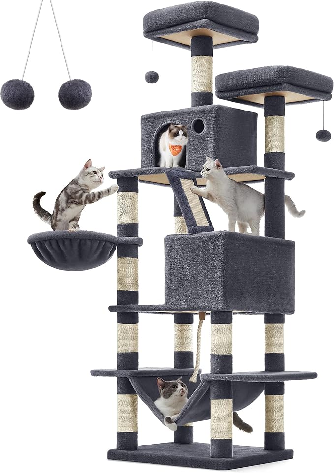 Feandrea Cat Tree, 66.1Inch Large Cat Tower with 13 Scratching Posts, 2 Perches, 2 Caves