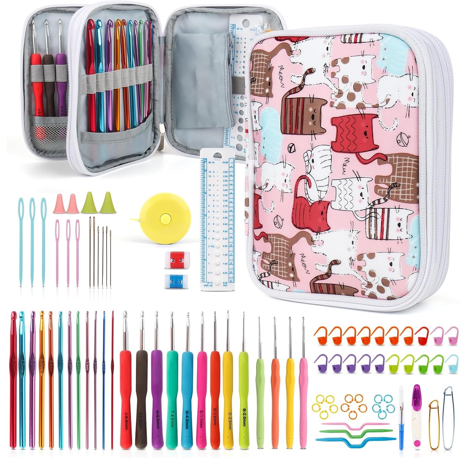 Katech 99 Pzs Juego de Agujas de Ganchillo, Agujas de Punto Coloridas con Mango de Goma 2-8mm Kit de Ganchillos Accesorios para Tejer en Ganchillo Proyectos, Regalo para Cumpleaños Principiantes
