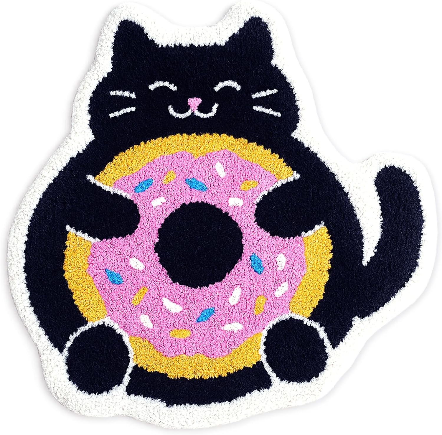 Cute Black Cat and Doughnut Bathroom Rug, Soft Plush Animal Tufted Bath Room Mat, Non-Slip & Machine Washable, Absorbent Floor Door Mat Home Decor for Shower, Tub and Sink, 23.6"x23.6"