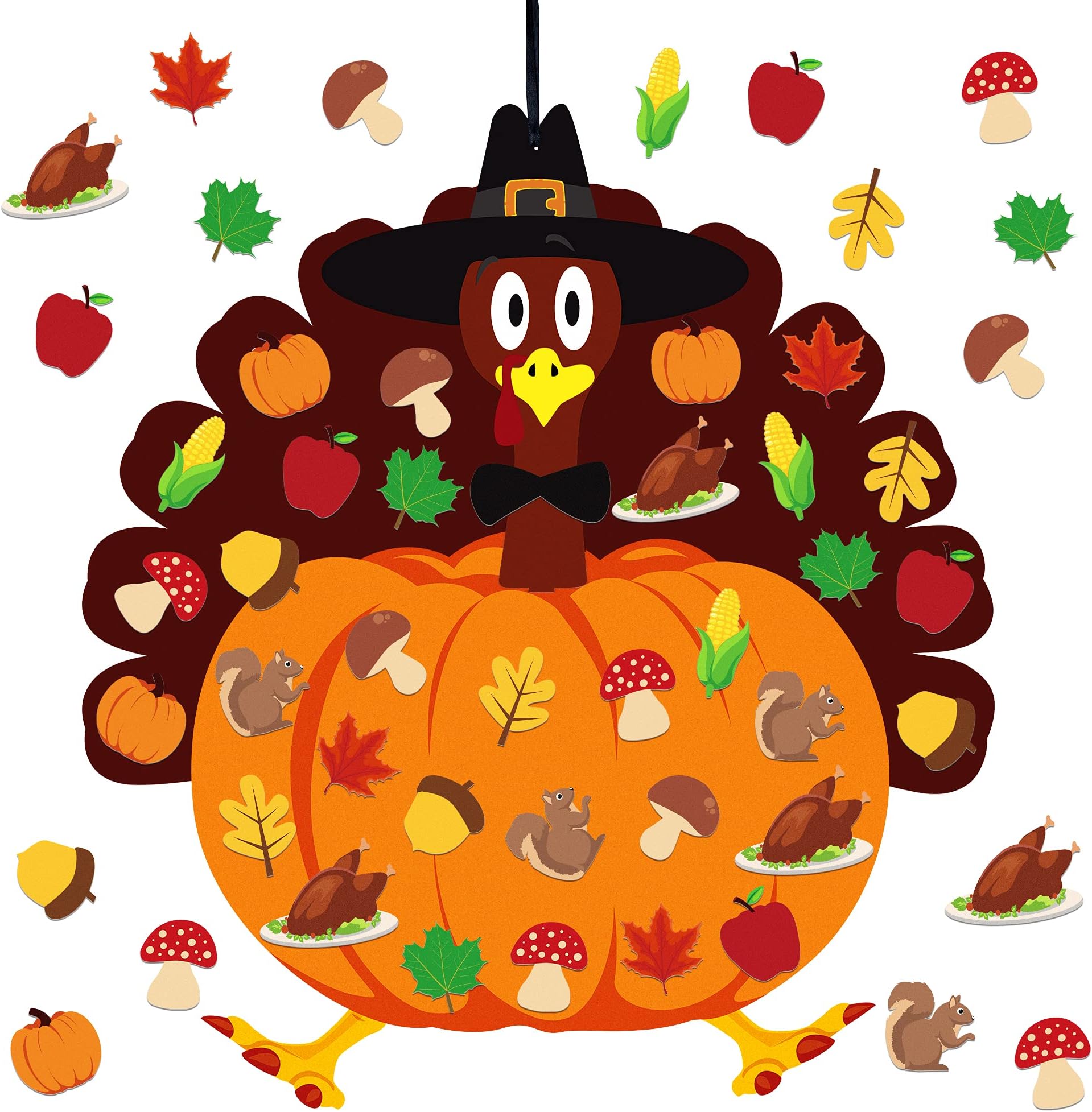 Fall Thanksgiving Felt Craft Kit - DIY Turkey Pumpkin Felt Art and Craft Set with 34 Pcs Detachable Fall Maple Leaves Squirrel Pine Cones Corns Ornaments for Kids Gifts Classroom Thanksgiving Activity