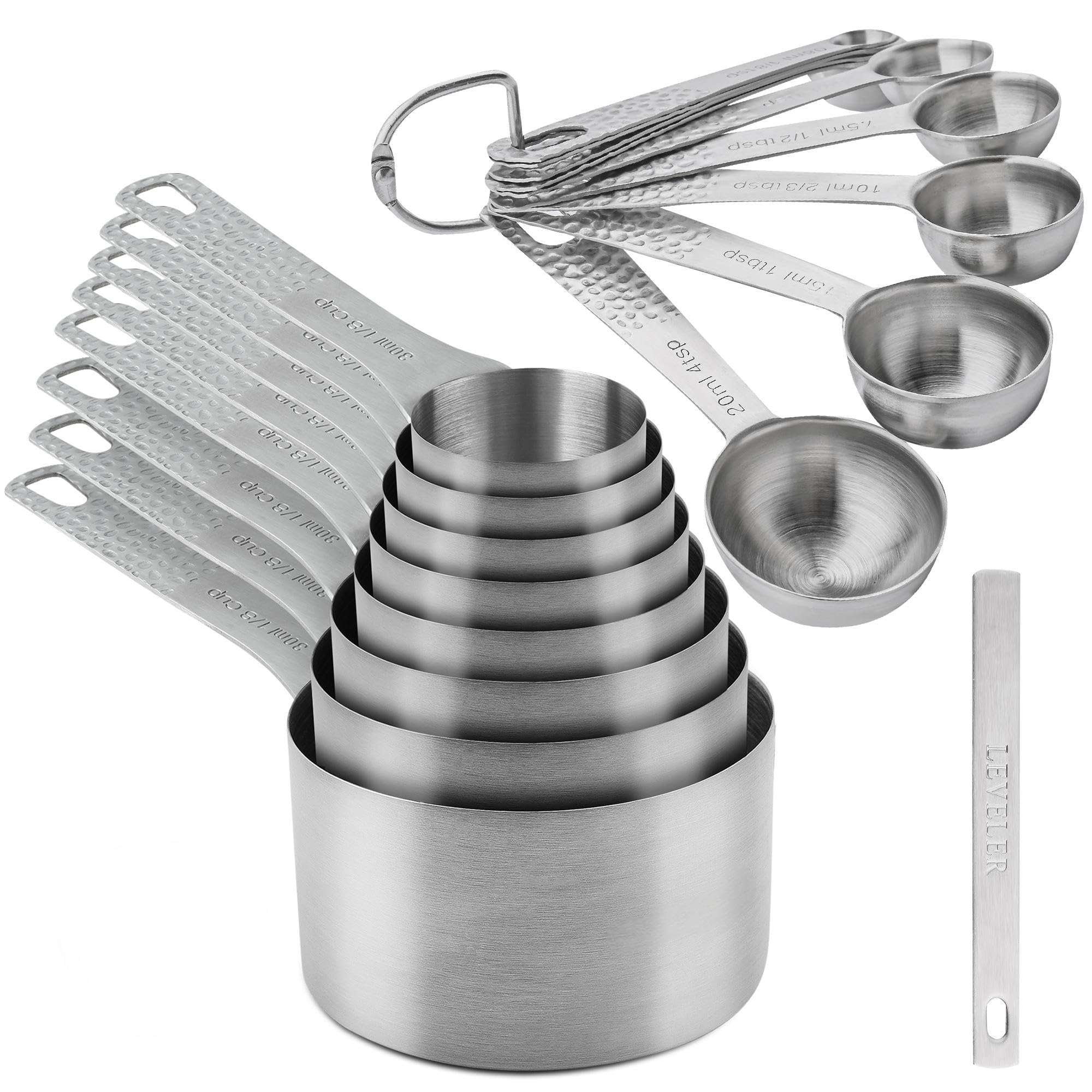 Messbecher und Löffel Set, Edelstahl Messbecher und Löffel Set, Küche Messbecher und metrische Messlöffel mit Nivellierer, Backen Messbecher und Löffel Set