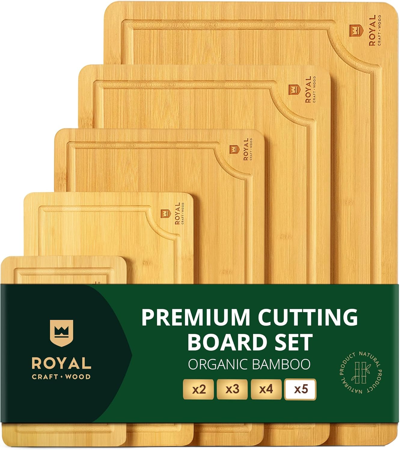 ROYAL CRAFT WOOD Wooden Serving Boards for Kitchen Meal Prep&Bamboo Wood Cutting Board Set with Deep Juice Groove Side Handles-Charcuterie & Chopping Butcher Block for Meat-Kitchen Gadgets Gift (5Pcs)