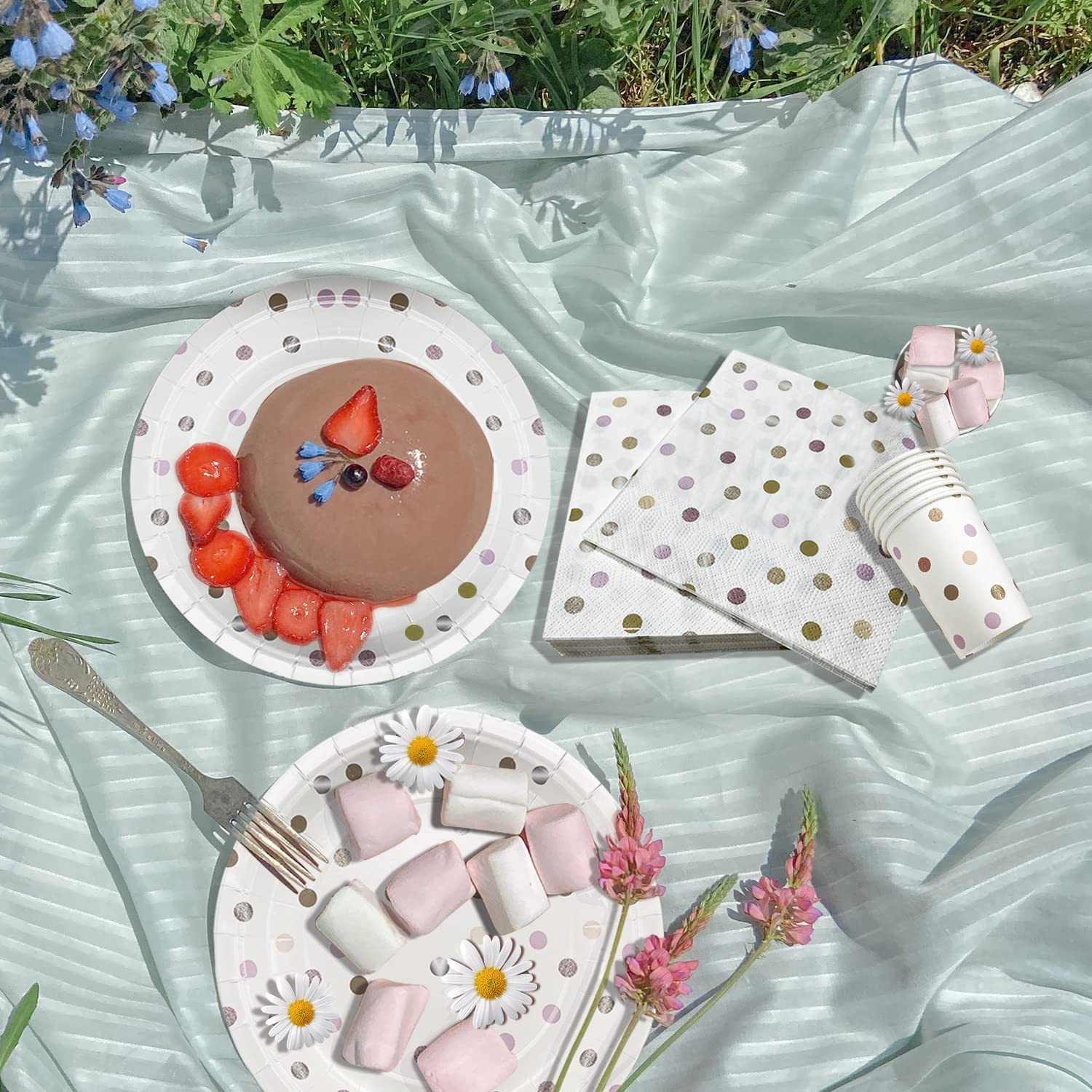 Petite Assiette Dessert Jetable Lot 48 Assiettes Papier Festives - Motif Pois Avec Serviettes - Pour 16 Personnes Vaisselle Jetable Fête