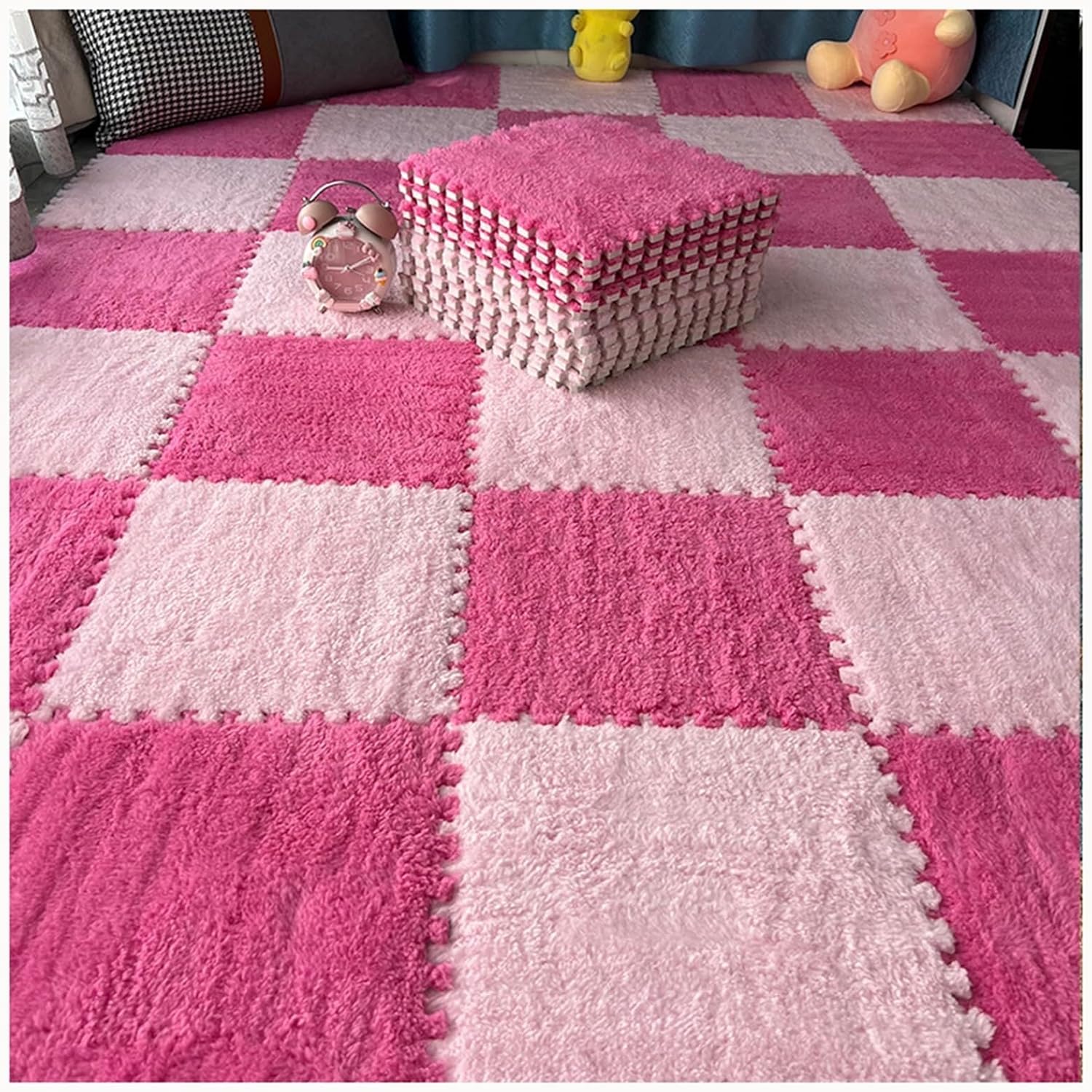 60x60x1cm Fluffy Puzzle Play Mat Area Rug for Parlor Bedroom, 12pcs Plush Foam Floor Mat Tiles, Interlocking Carpet Tiles(Rose Red+Pink)