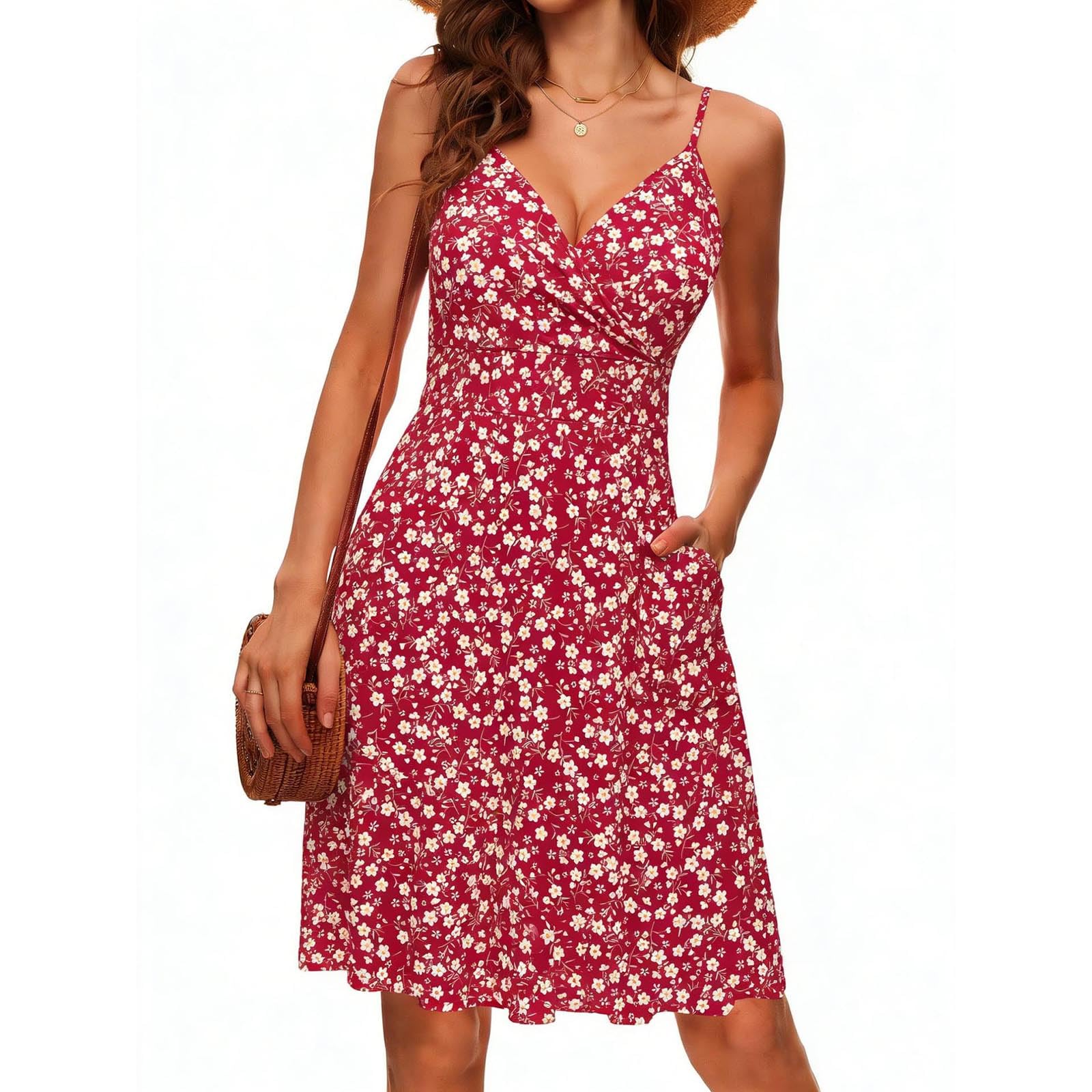 Vevpewshi Dresses for Women UK Ladies V Neck High Waist Dresses Summer Elegant Casual Sundress for Vacation and Party