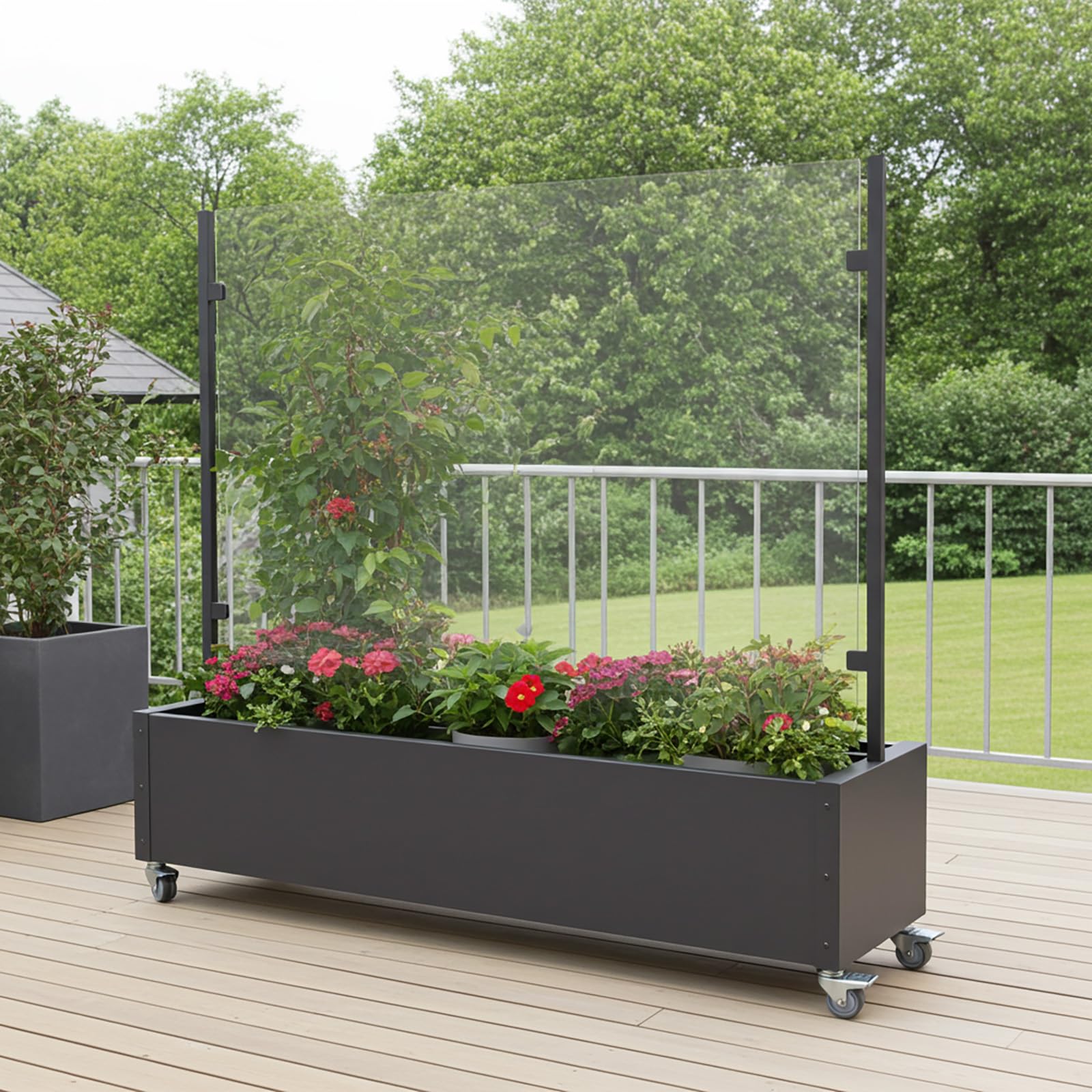 Windschutz mit Pflanzkasten 196 cm mobil mit 4 Rollen – Glas Sichtschutz Terrasse Balkon Garten – Aluminium anthrazit – wetterfest & UV-beständig – moderner Raumteiler Outdoor (Scheibe transparent)