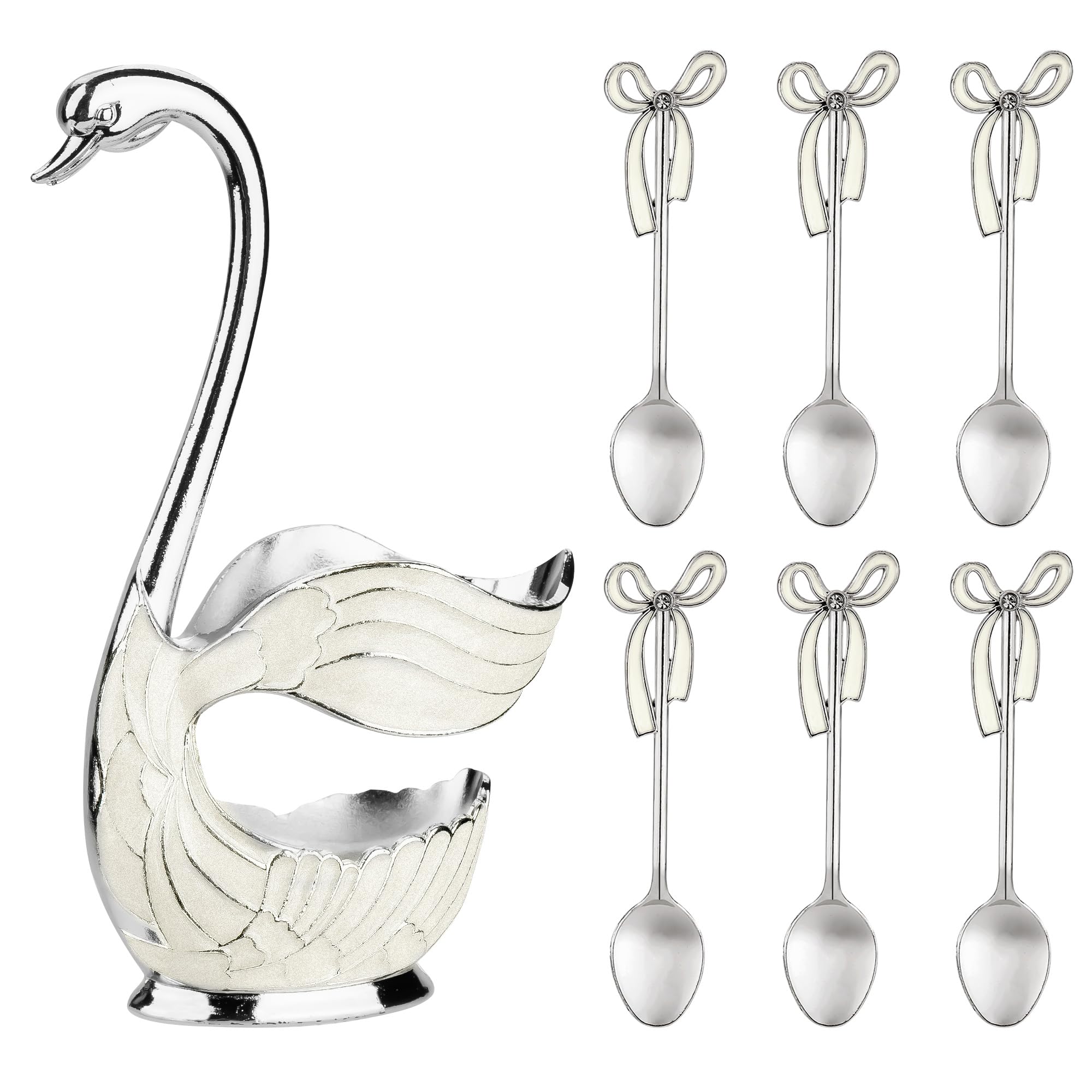 CAIRIAC Silver White Swan Decorative Dessert Spoon Set of 6, Metal, 4.2 x 2.1 Inches, Dishwasher Safe