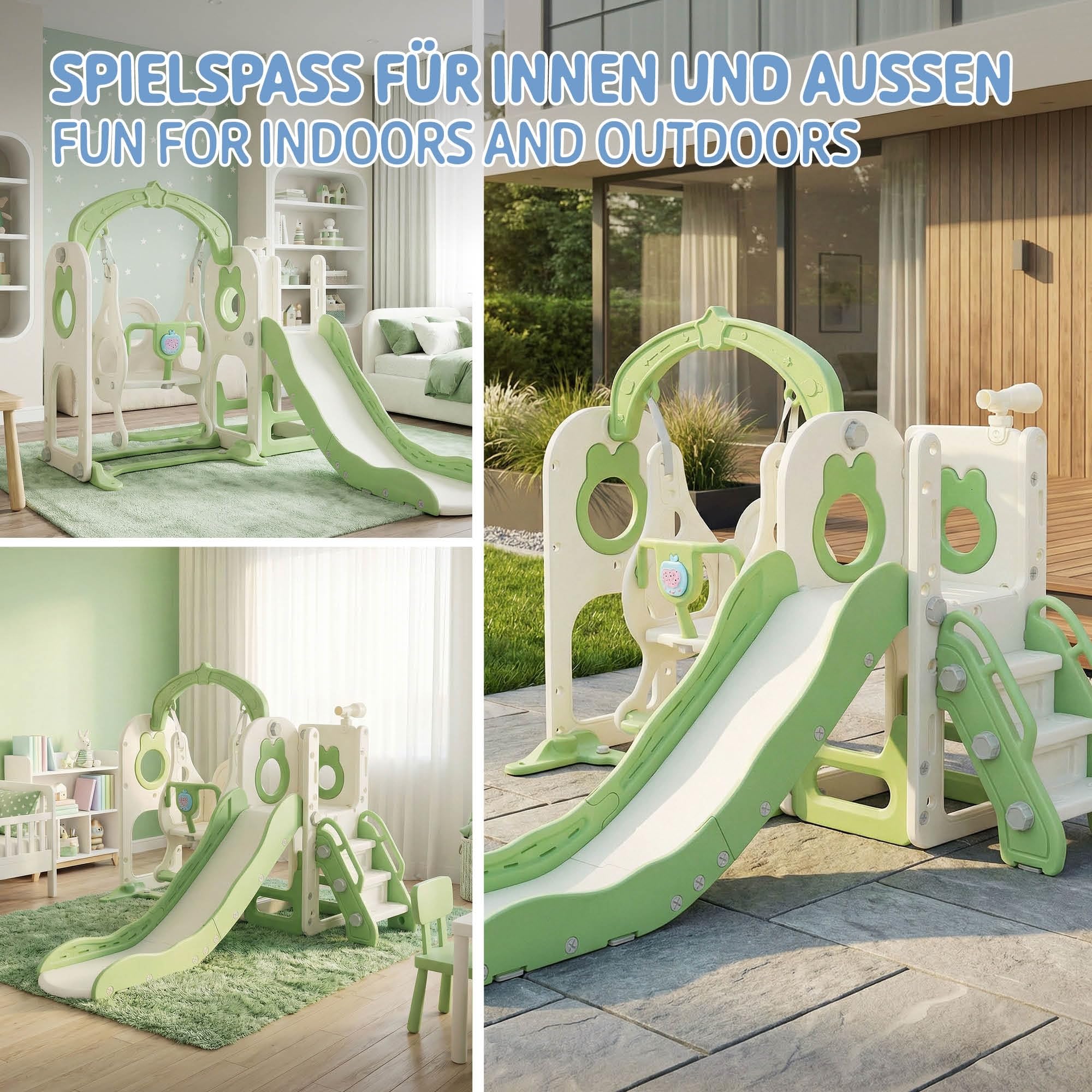 Joyz Toboggan et Balançoire Enfant 5 en 1 avec Escaliers, Télescope, Panier de Basket, Aire de Jeux Intérieure et Extérieure, Jouets Structure pour Tout-Petits, Dès 3 Ans, Plastique HDPE Vert Clair