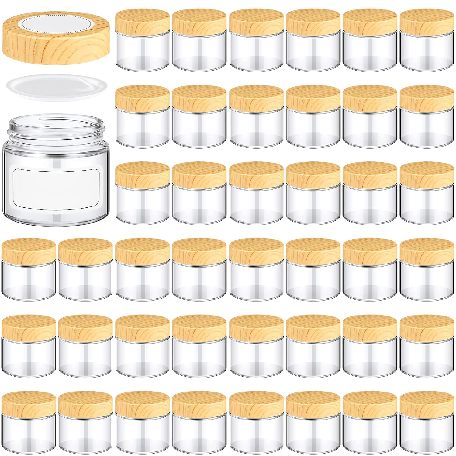 Layhit 96 Pcs 2oz Glass Jars with Lids Clear Small Jars with Plastic Woodgrain Lids, White Labels and Inner Liners Empty Round Cosmetic Containers for Creams Lotions Candle Making (2oz/ 60ml) 96 2oz/ 60ml