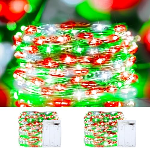 Miniatura 1 de Guirnalda de luces de Navidad de alambre de cobre rojo, verde y blanco, paquete de 2 100 luces LED de hadas impermeables para Navidad, dormitorio,