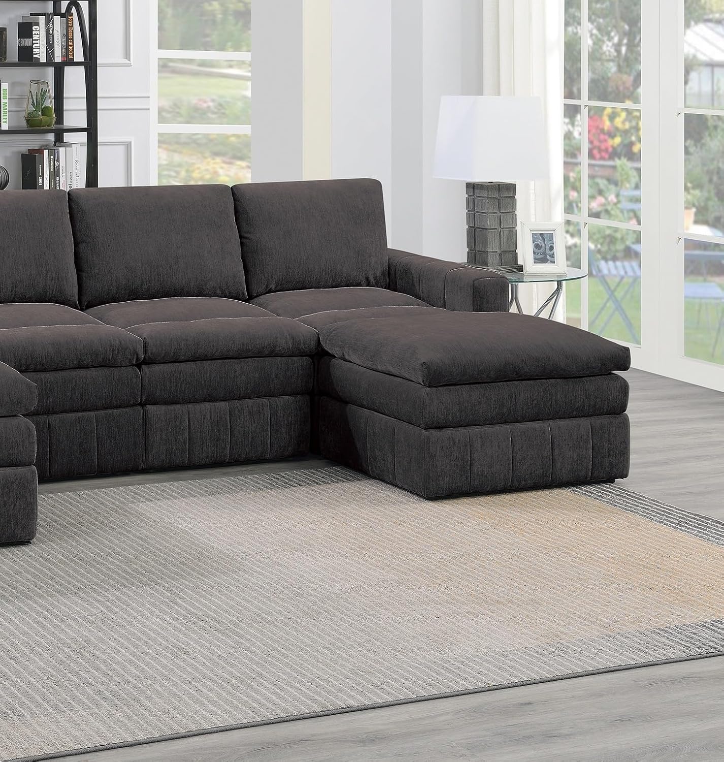 Contemporary 6pc Set Modular Sectional Set 2X One Arm Chair/Wedge 2X Armless Chairs 2X Ottomans Mink Morgan Fabric Plush Living Room Furniture