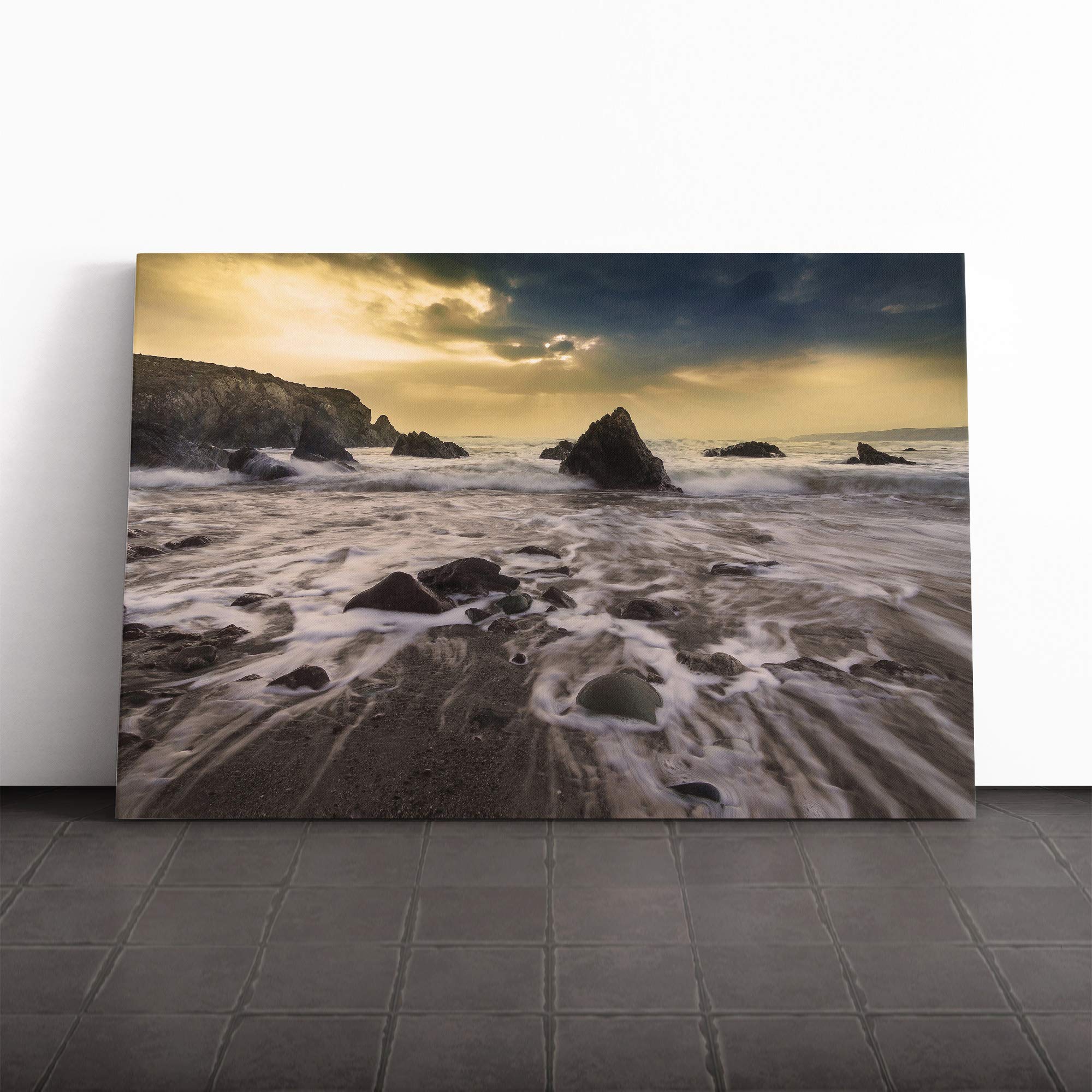 Seascape Beach and Rocks Canvas Print | Gallery Wrapped 30mm Frame Wall Art | 30x20 inches | Ready to Hang | Modern Seascape Picture | Living Room Bedroom Lounge Office