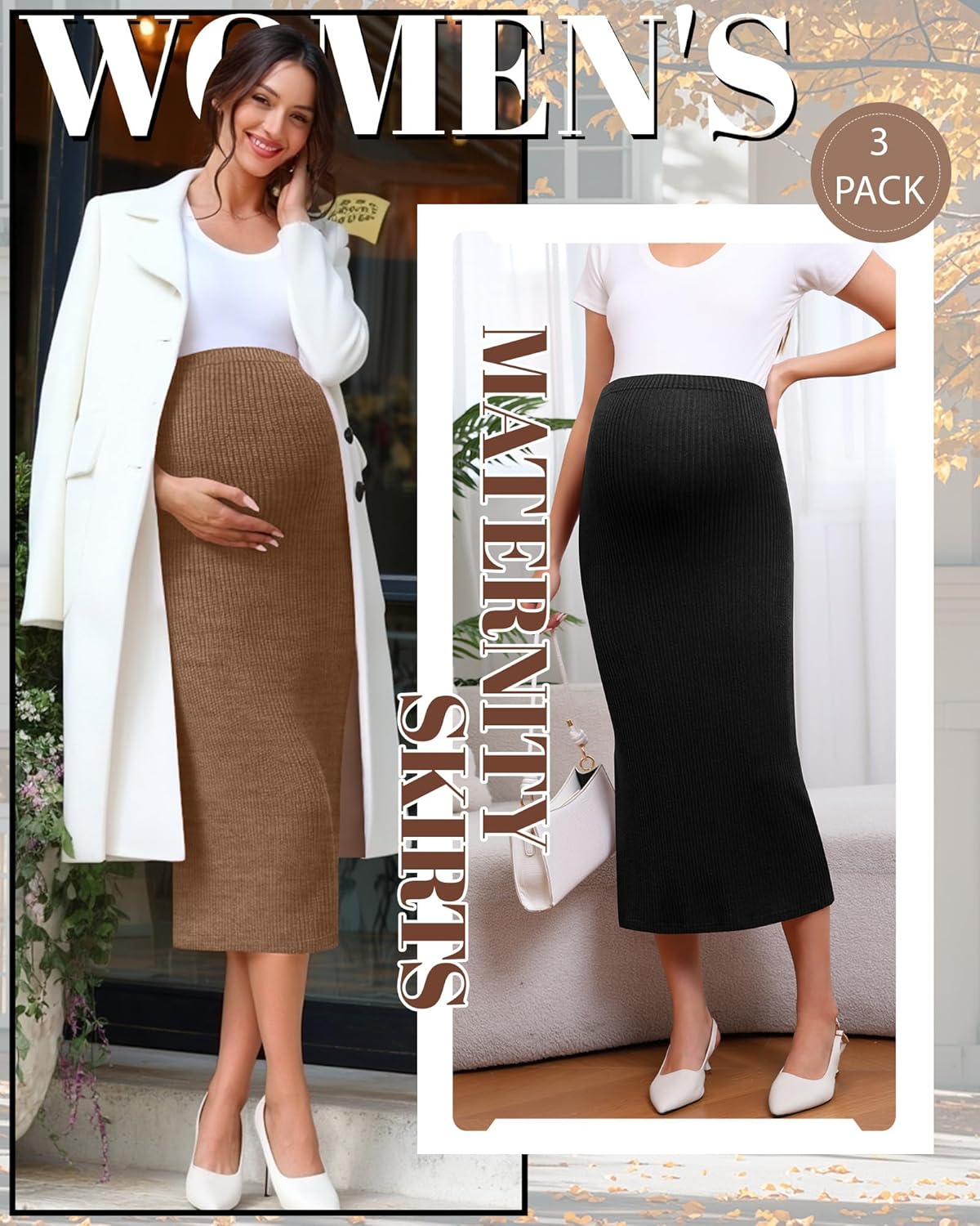 Neer 3 Pack Women's Maternity Skirts, Split Midi High Waist Ribbed Knit Solid Stretchy Pregnancy Pencil Long Skirt Clothes - Image 3