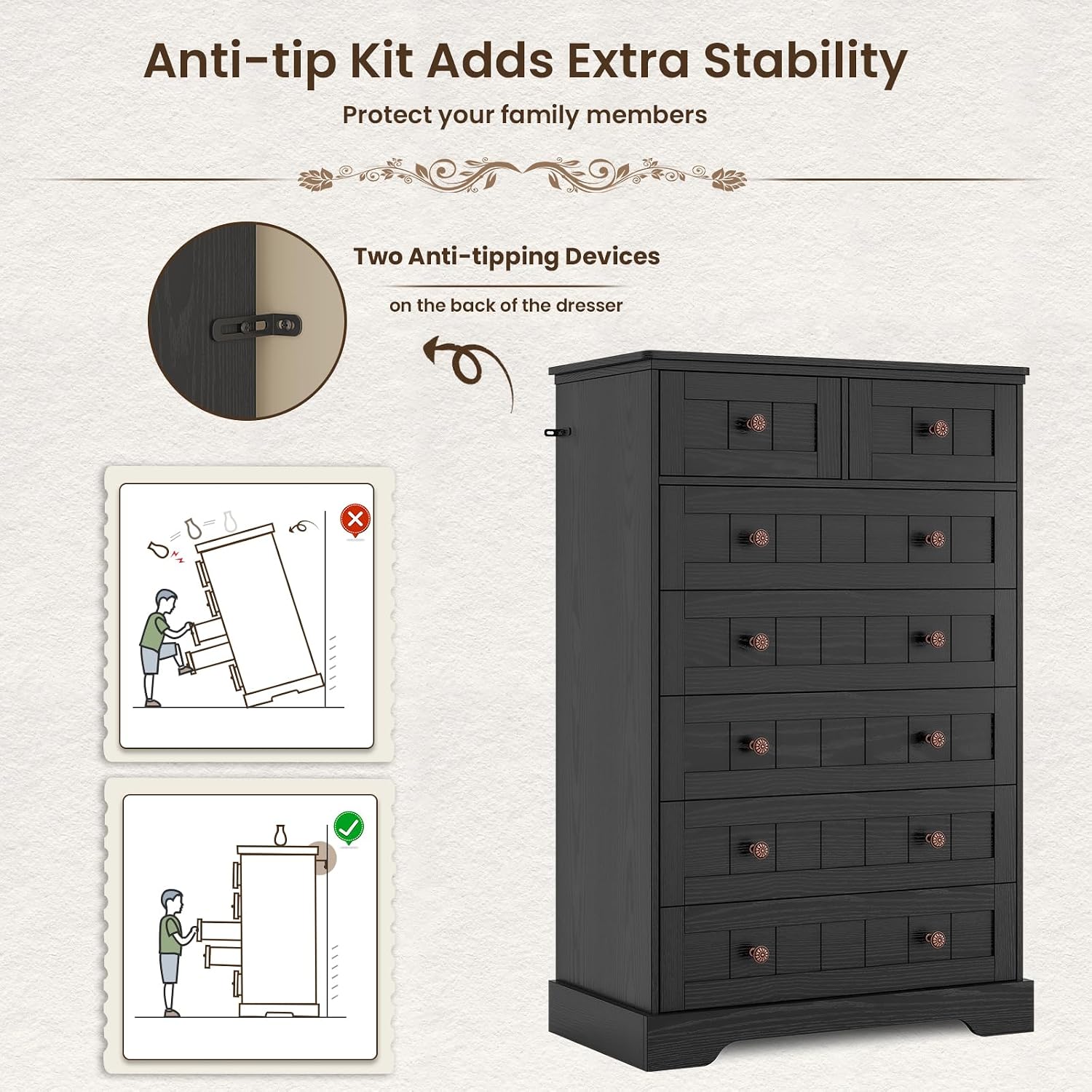 Anti-tip kit installation for dresser