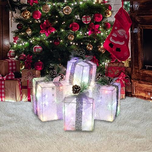 Miniatura 11 de Juego de 4 cajas de regalo iluminadas de Navidad, juego de regalo con luz preiluminada con diferentes tamaños para decoraciones de vacaciones en