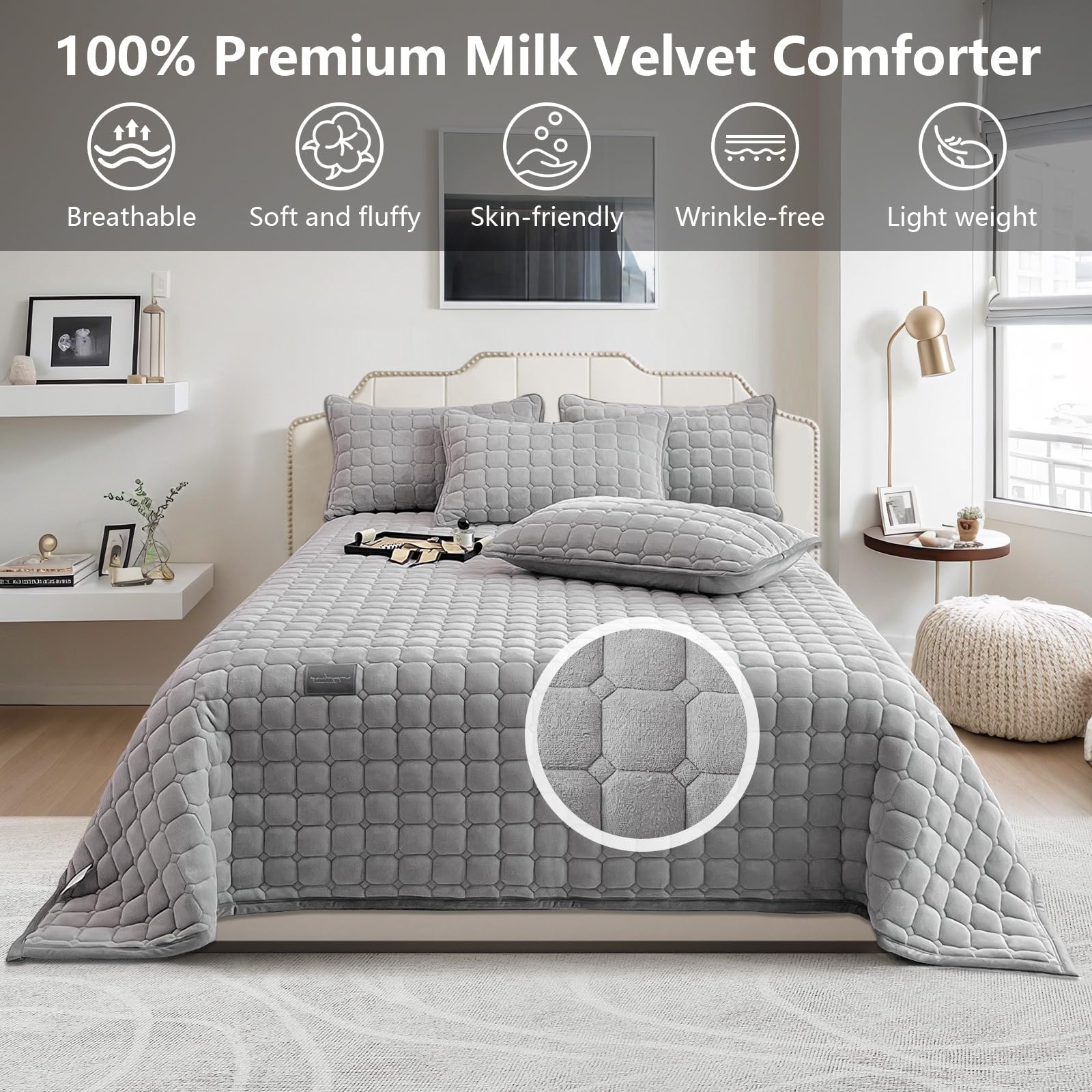 OKYUK,Couvre-lit，Parure de lit en Velours de Luxe pour très Grand litmatelassé surdimensionné, avec 2 taies d'oreiller Assorties, pour Toutes Les Saisons (Gris Clair, 230 x 250 cm)